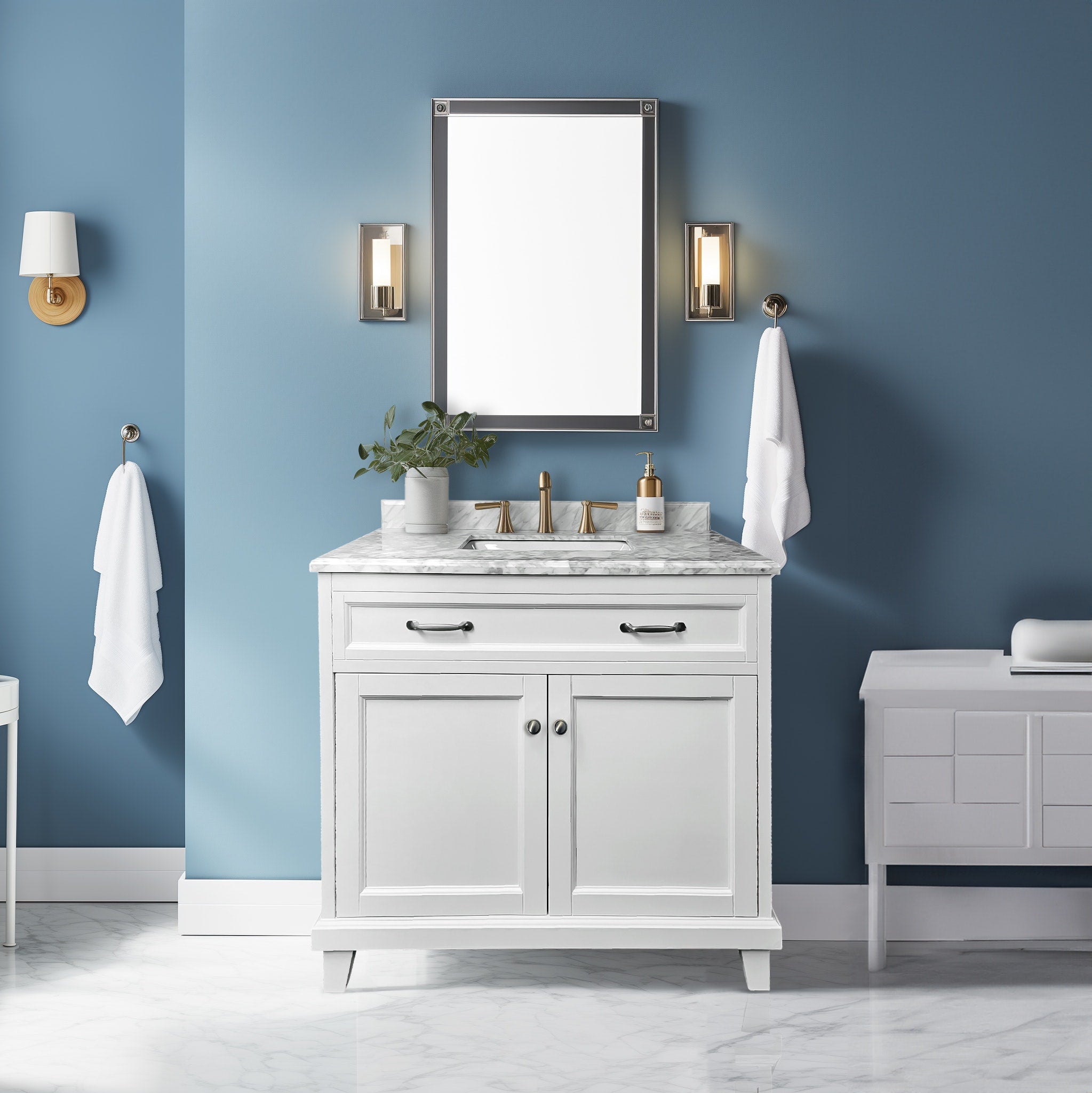 36"W x 22.4"D x 35"H White Vanity w/ Solid Wood & Carrara Marble Top - Dreamwerks
