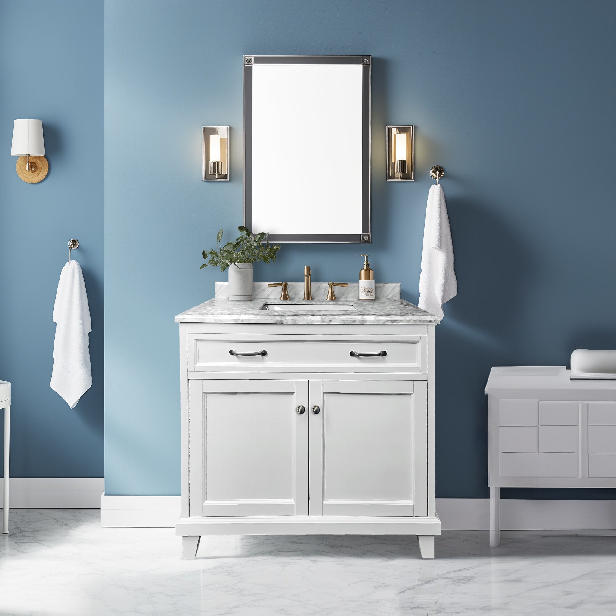 Bathroom Vanity in White with Solid Wood & Carrara Marble Top - Available in 3 sizes - Dreamwerks