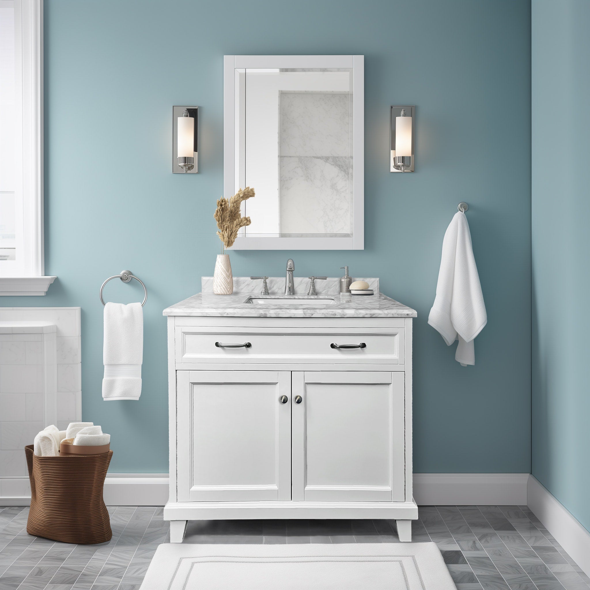 Bathroom Vanity in White with Solid Wood & Carrara Marble Top - Available in 3 sizes - Dreamwerks