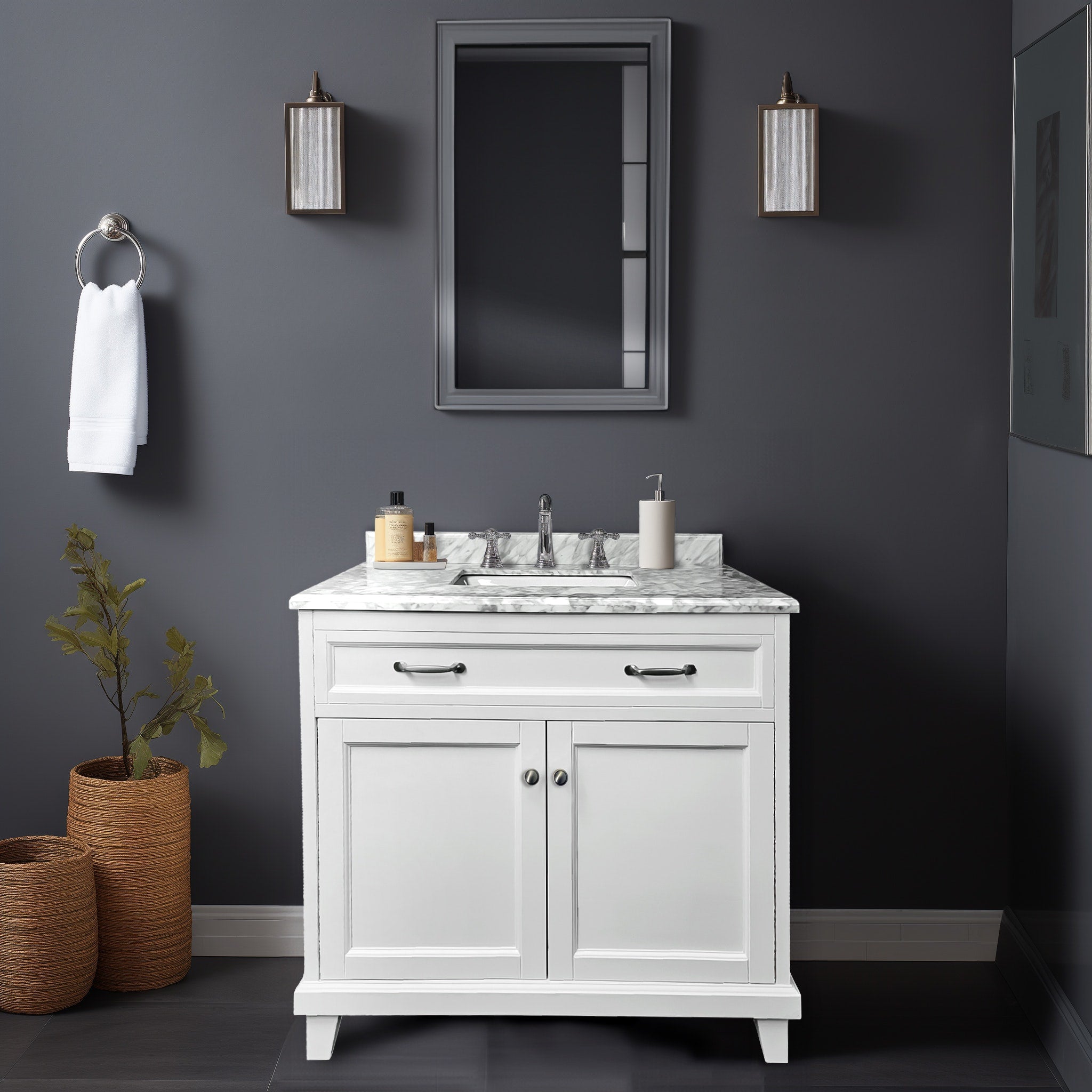 Bathroom Vanity in White with Solid Wood & Carrara Marble Top - Available in 3 sizes - Dreamwerks