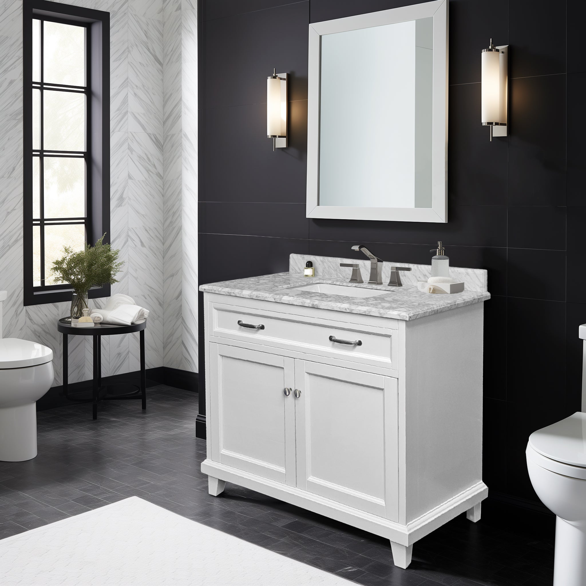 Bathroom Vanity in White with Solid Wood & Carrara Marble Top - Available in 3 sizes - Dreamwerks