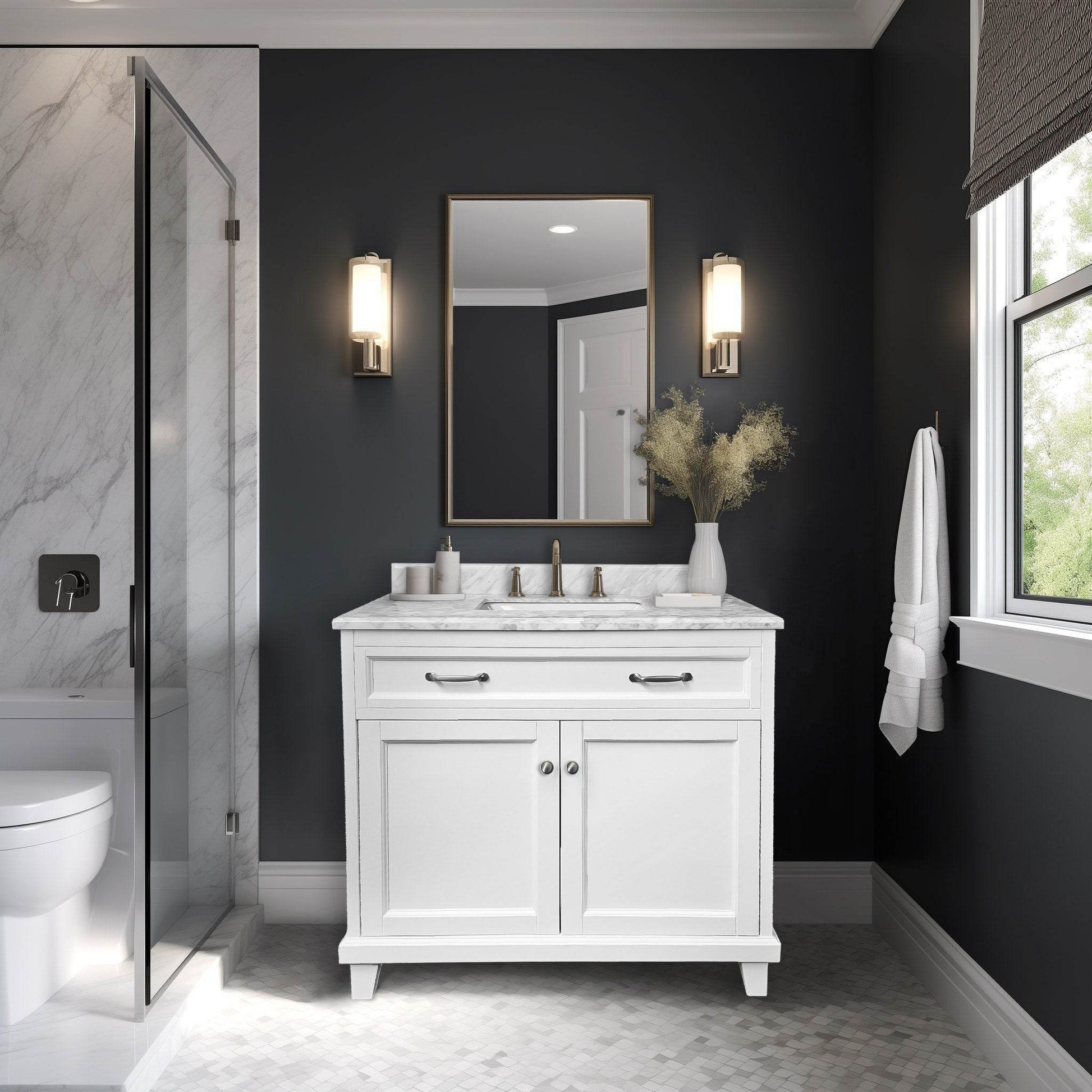 Bathroom Vanity in White with Solid Wood & Carrara Marble Top - Available in 3 sizes - Dreamwerks