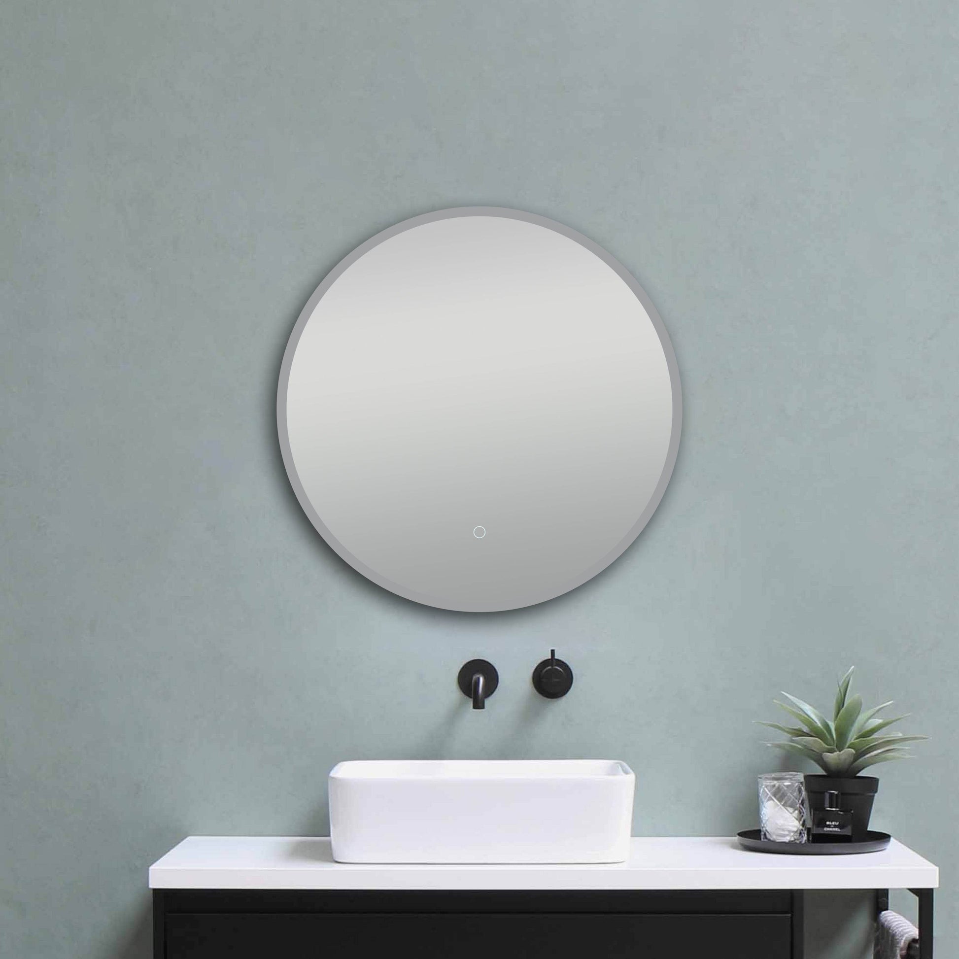 Onyx Frameless round LED mirror with touch sensor, defogger, and halo lighting effect - Dreamwerks