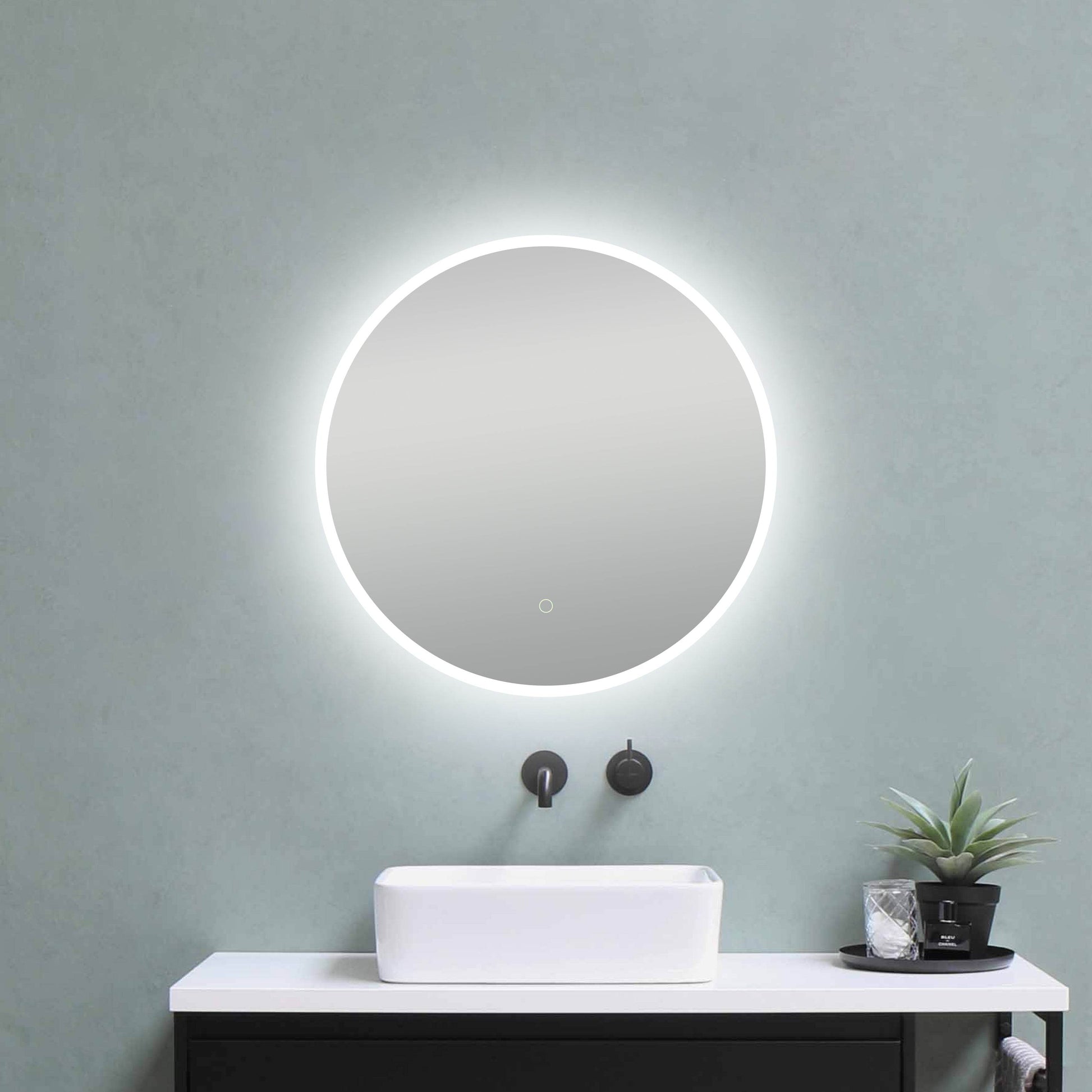 Onyx Frameless round LED mirror with touch sensor, defogger, and halo lighting effect - Dreamwerks