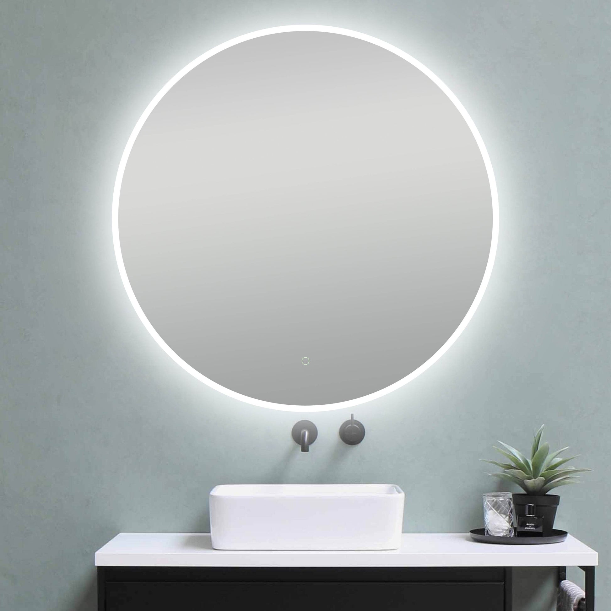 Onyx Frameless round LED mirror with touch sensor, defogger, and halo lighting effect - Dreamwerks