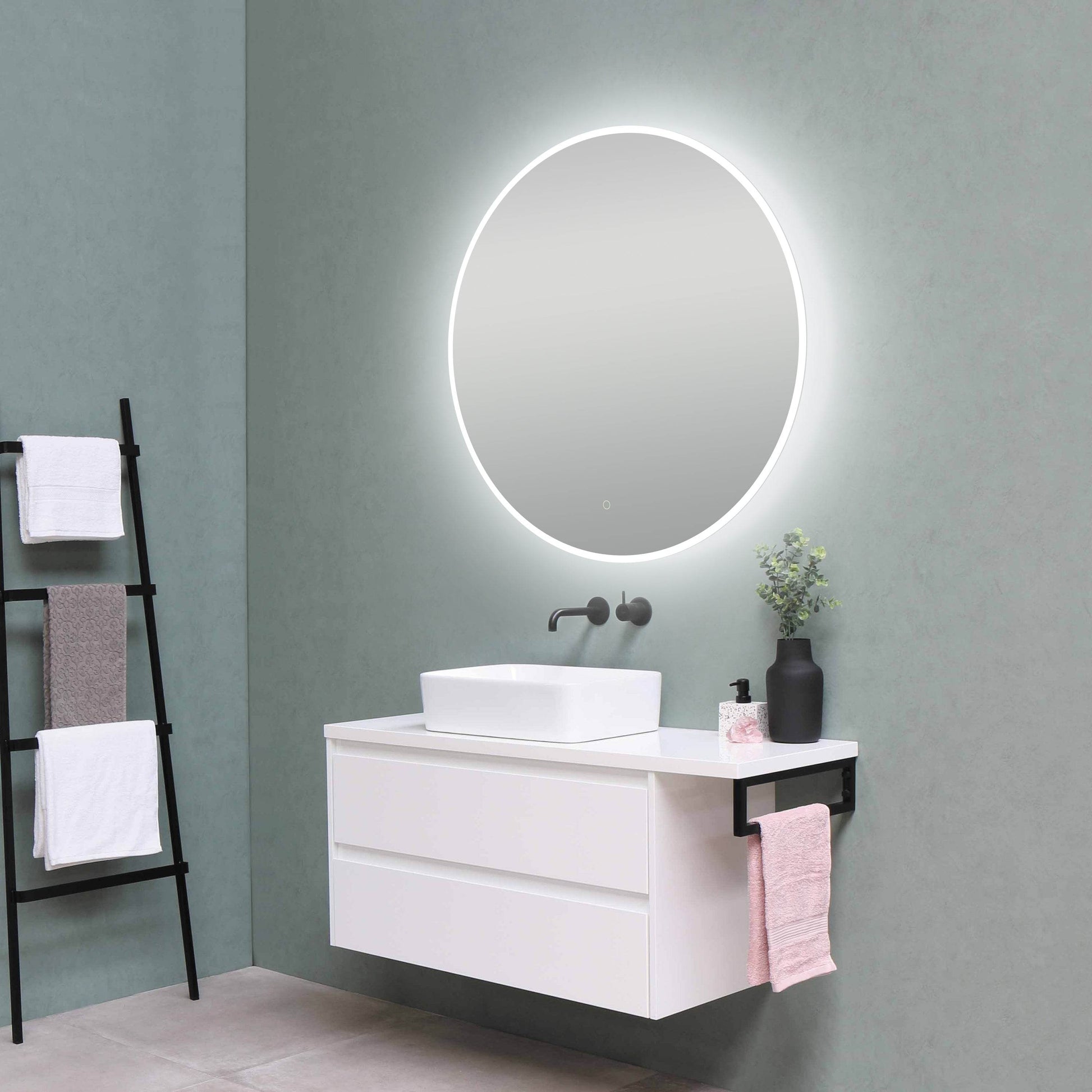 Onyx Frameless round LED mirror with touch sensor, defogger, and halo lighting effect - Dreamwerks