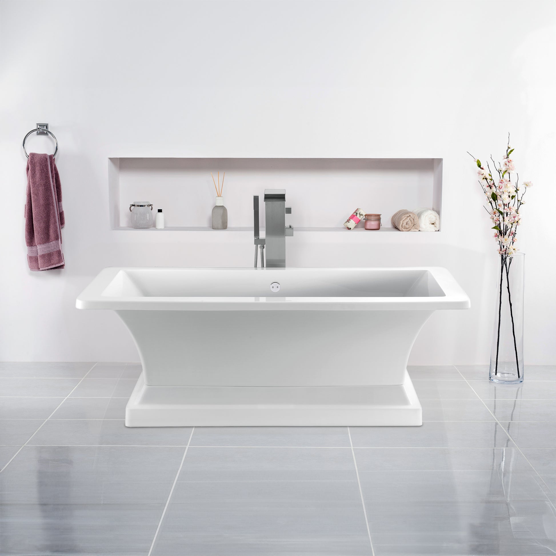 Dreamwerks pedestal bathtub, 66 inch freestanding acrylic pedestal tub, rectangular design