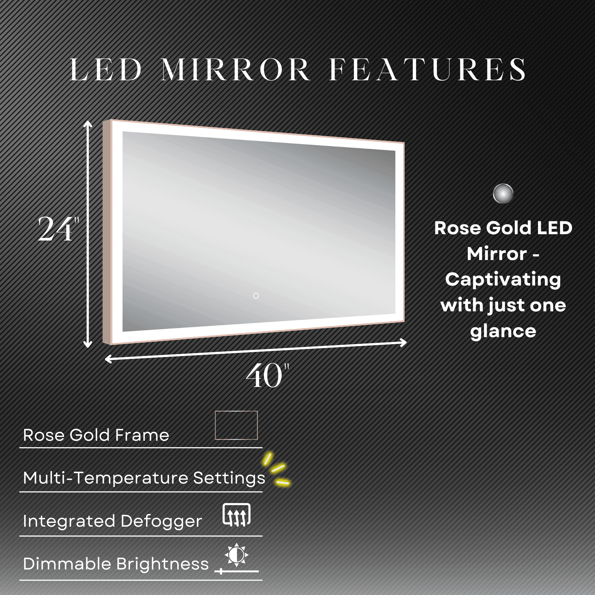 Rose Gold Dimmable LED Mirror 40"W x 24"H – Luxury Bathroom Mirror for Stylish Home Decor