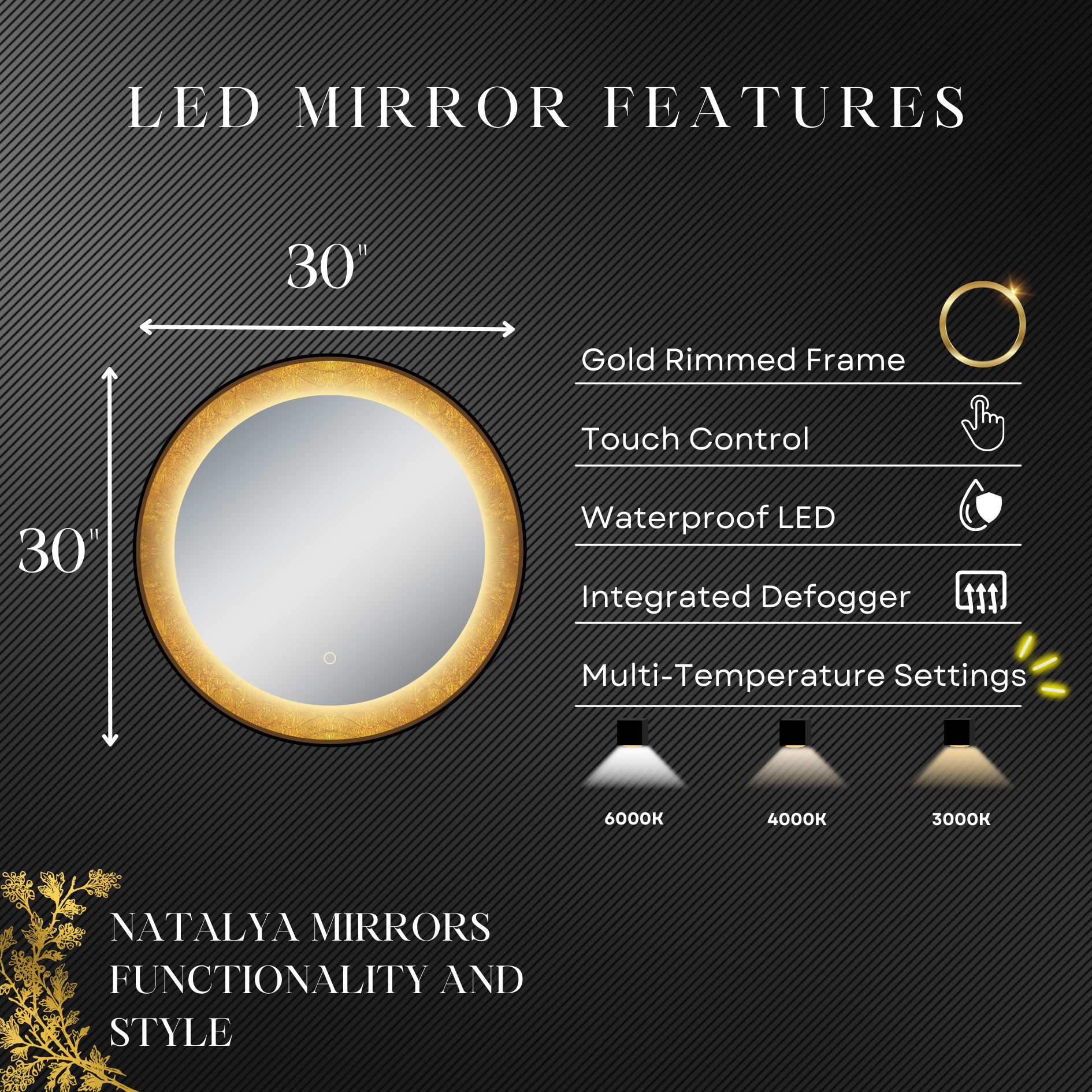 Natalya 30" Round LED Lighted Mirror with Gold Frosted Border - Dreamwerks