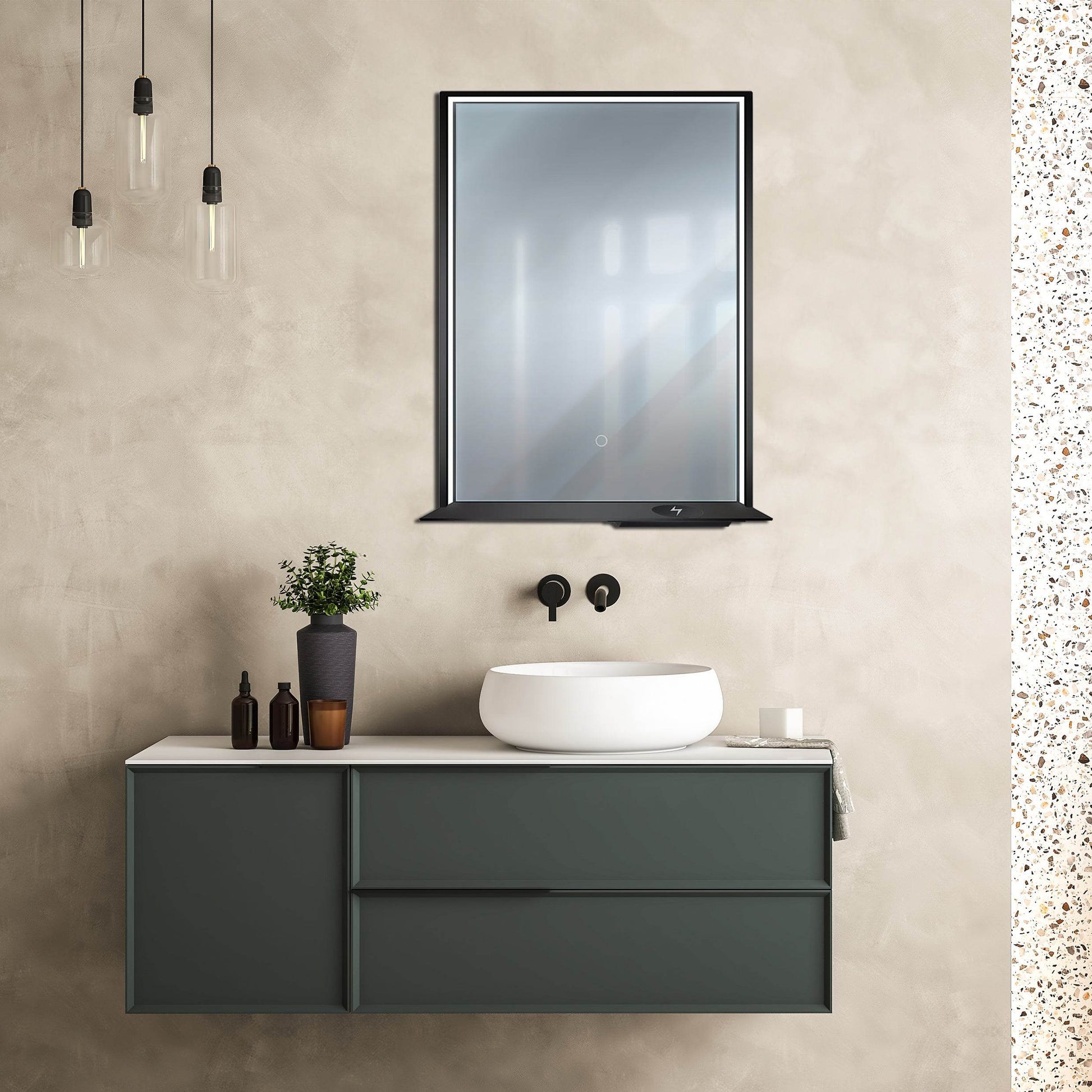 The Allegra rectangular LED bathroom mirror with Bluetooth speaker, wireless charging, and anti-fog