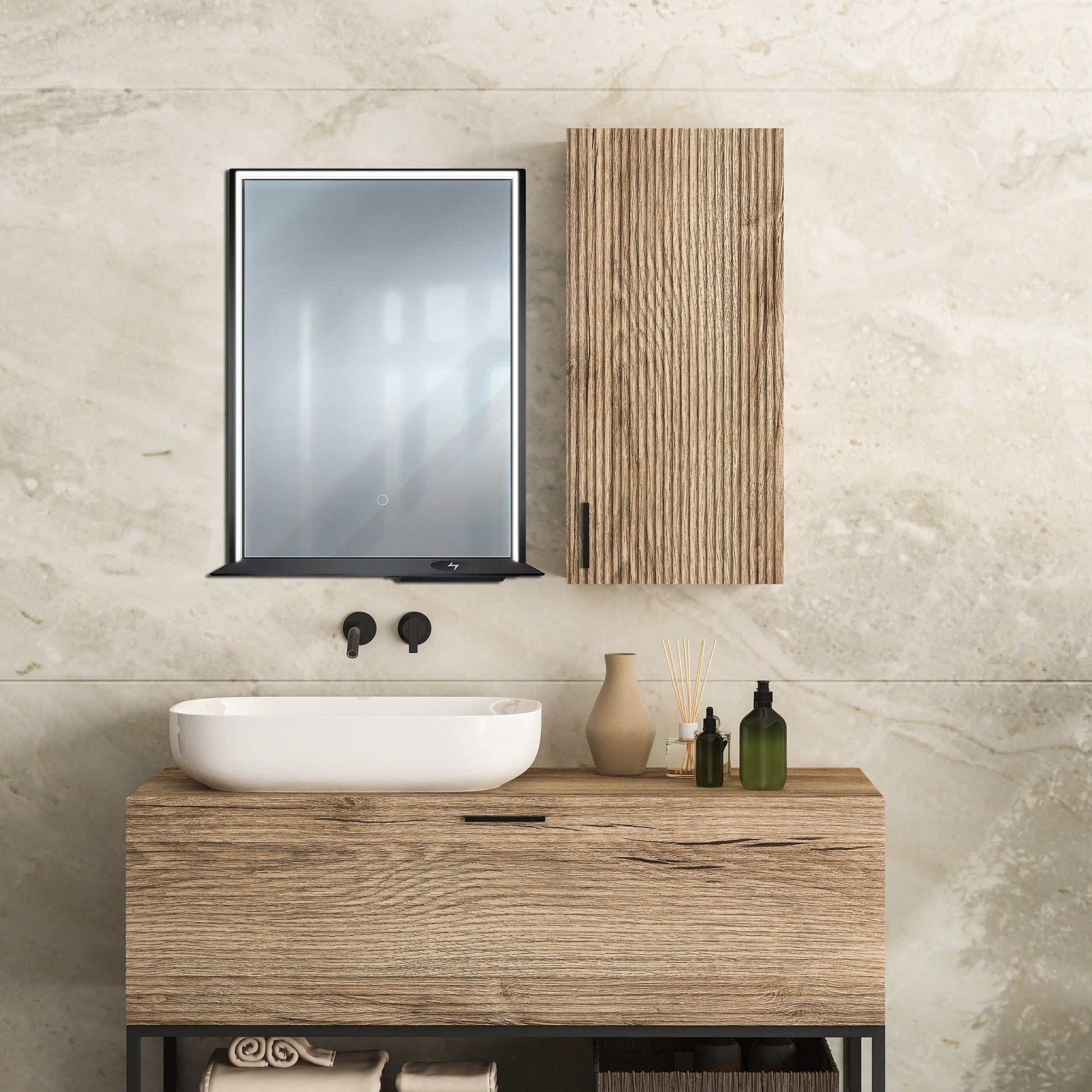 The Allegra rectangular LED bathroom mirror with Bluetooth speaker, wireless charging, and anti-fog