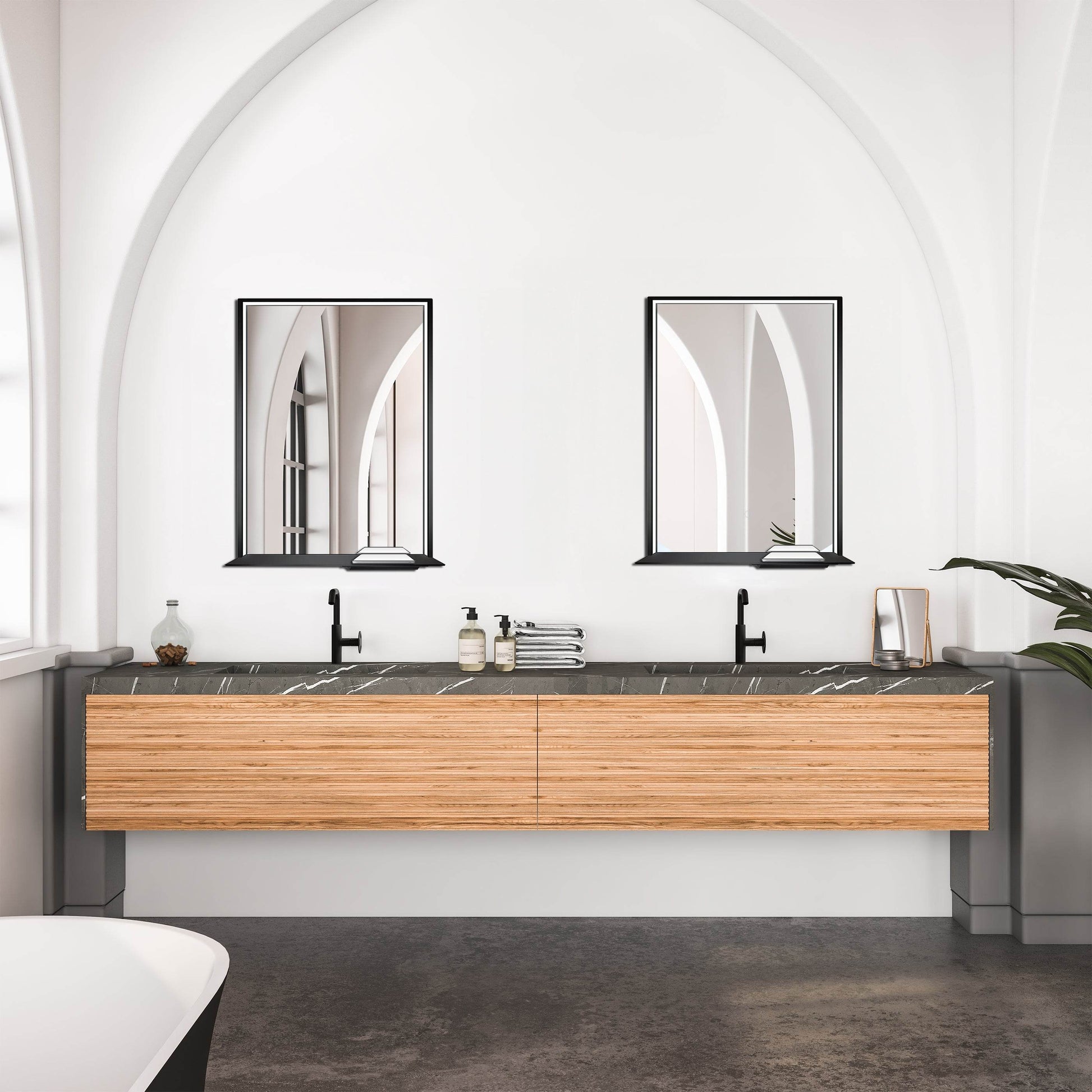 The Allegra rectangular LED bathroom mirror with Bluetooth speaker, wireless charging, and anti-fog