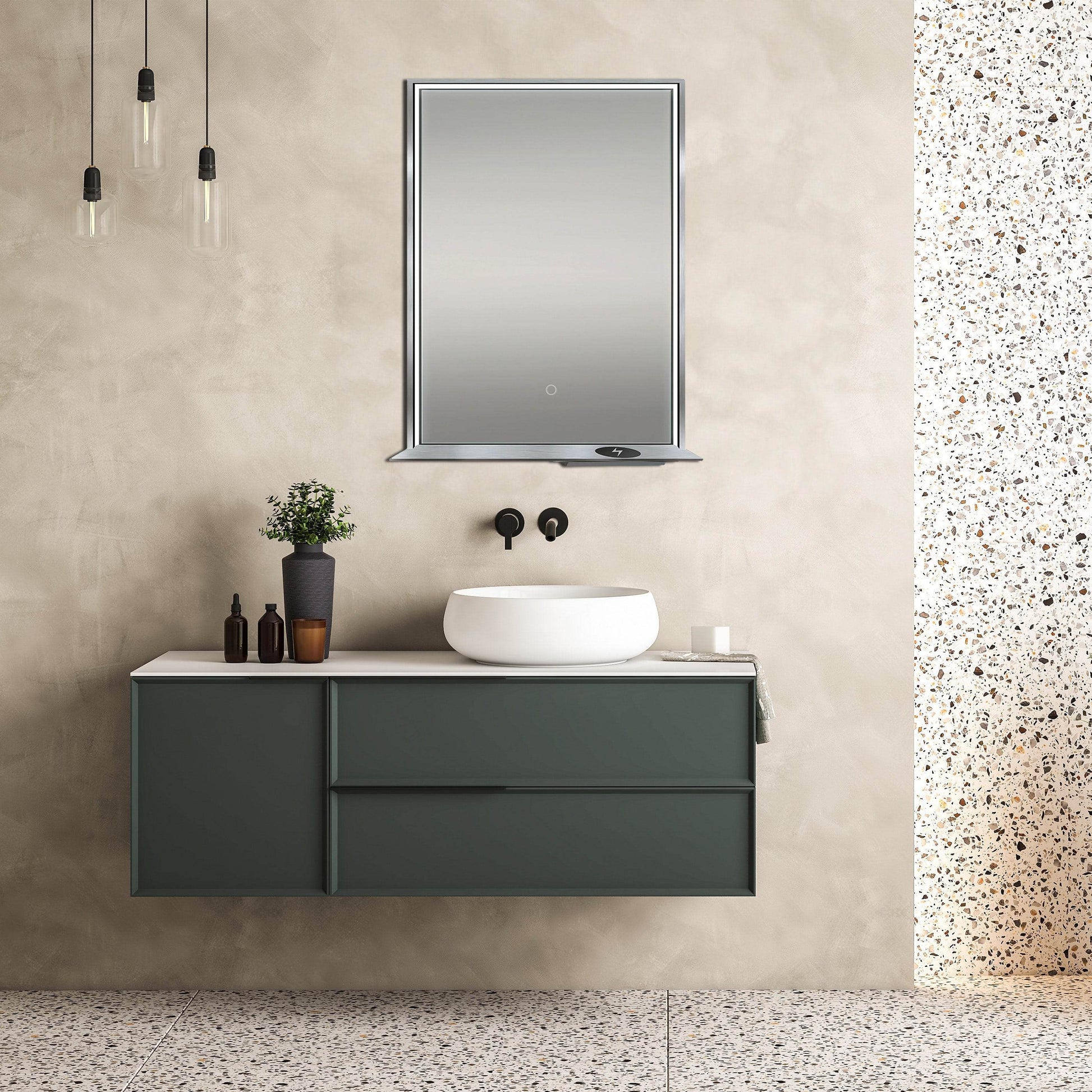 The Allegra rectangular LED bathroom mirror with Bluetooth speaker, wireless charging, and anti-fog