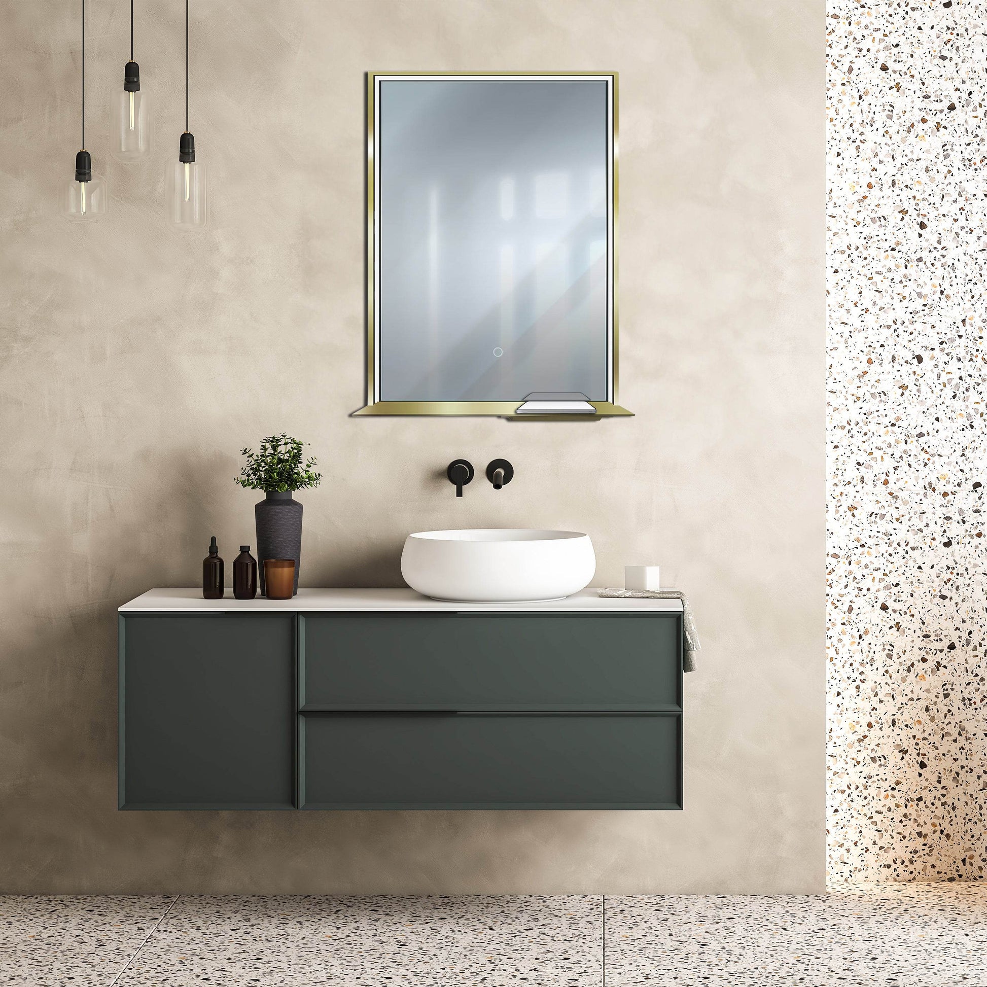 The Allegra rectangular LED bathroom mirror with Bluetooth speaker, wireless charging, and anti-fog