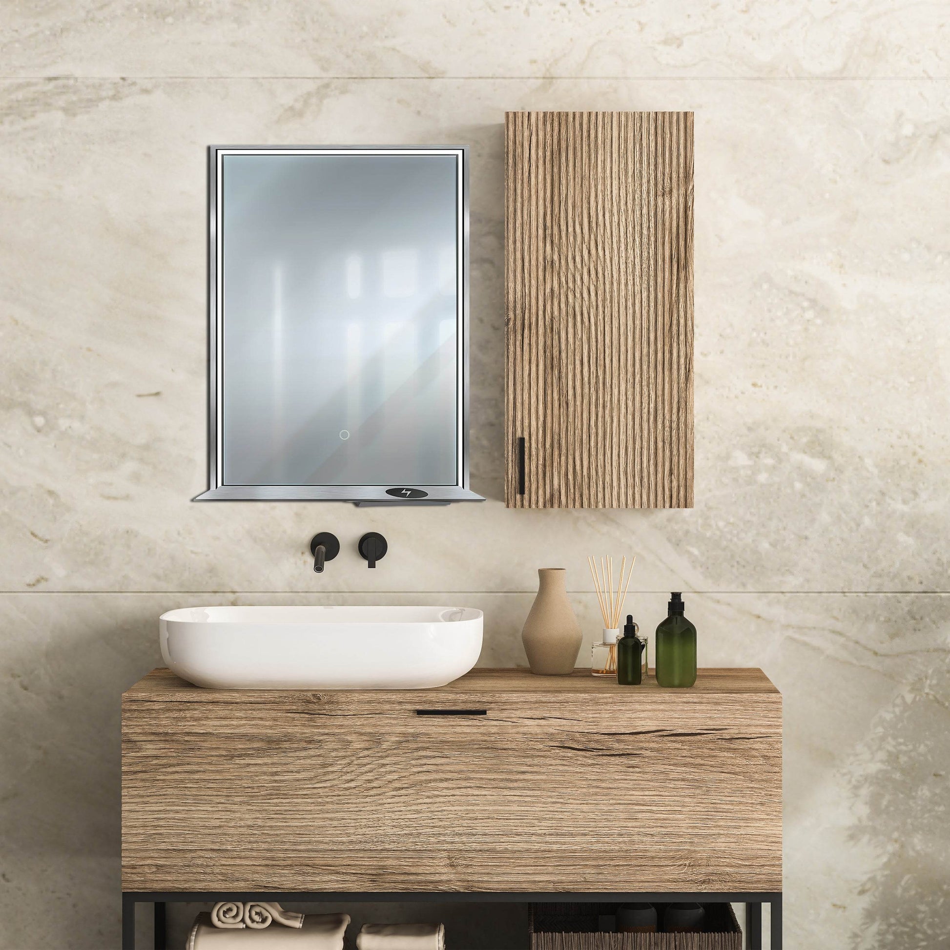 The Allegra rectangular LED bathroom mirror with Bluetooth speaker, wireless charging, and anti-fog