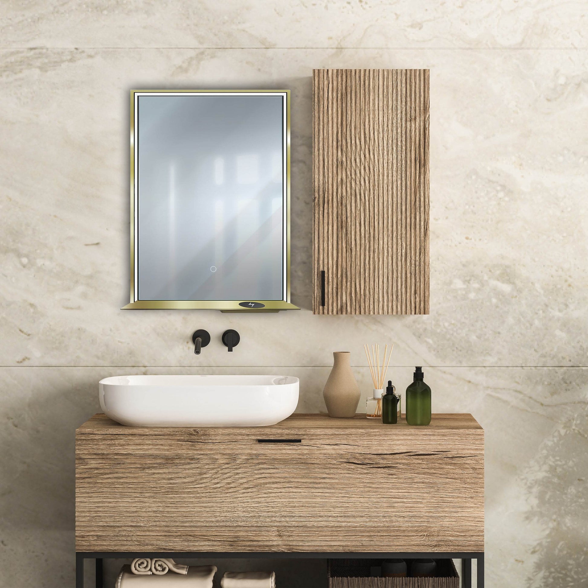 The Allegra rectangular LED bathroom mirror with Bluetooth speaker, wireless charging, and anti-fog