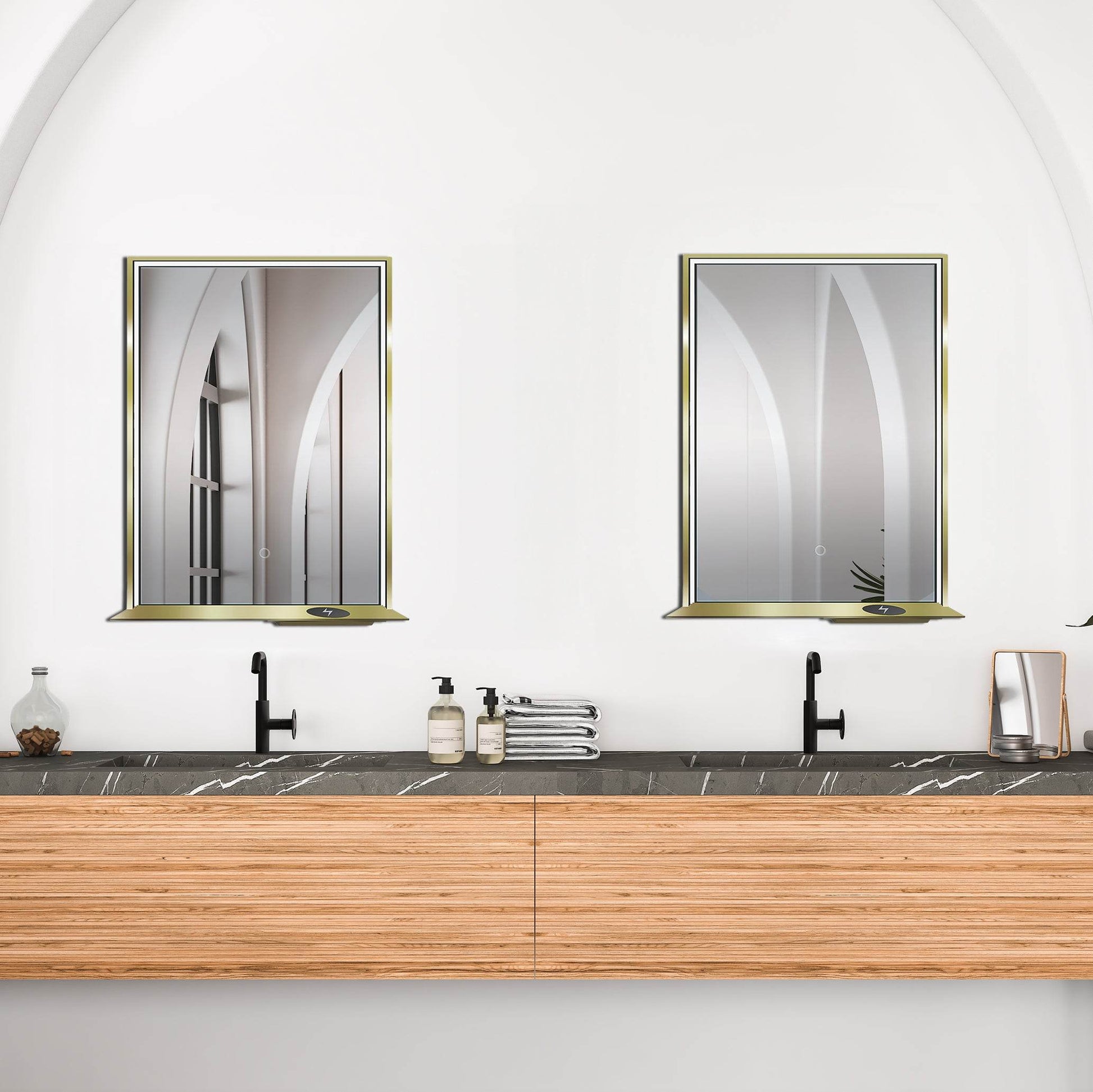 The Allegra rectangular LED bathroom mirror with Bluetooth speaker, wireless charging, and anti-fog