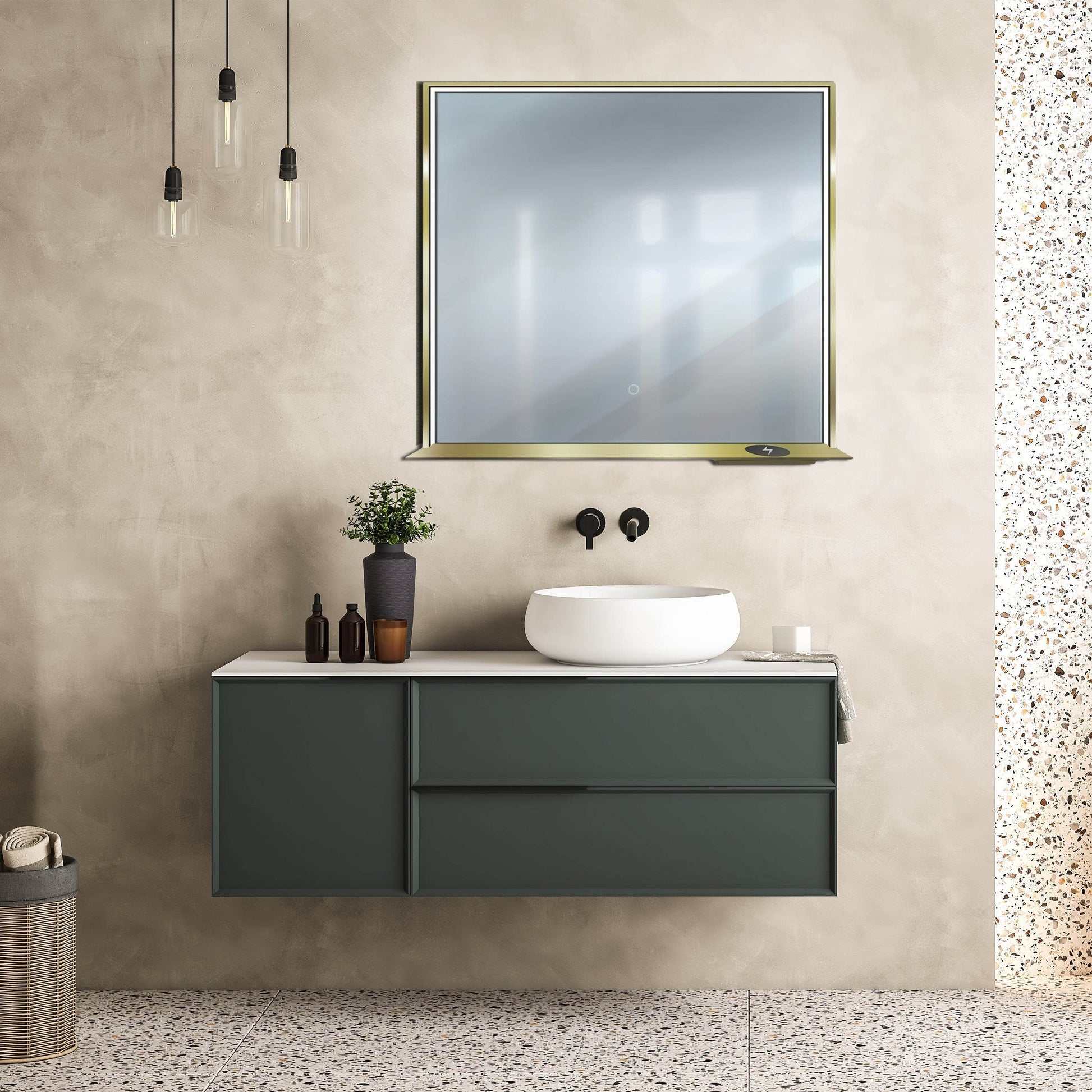 Allegra 36"W x 32"H Framed LED Mirror with Bluetooth Speaker and Wireless Cell Phone Charger - Available in 3 colors - Dreamwerks