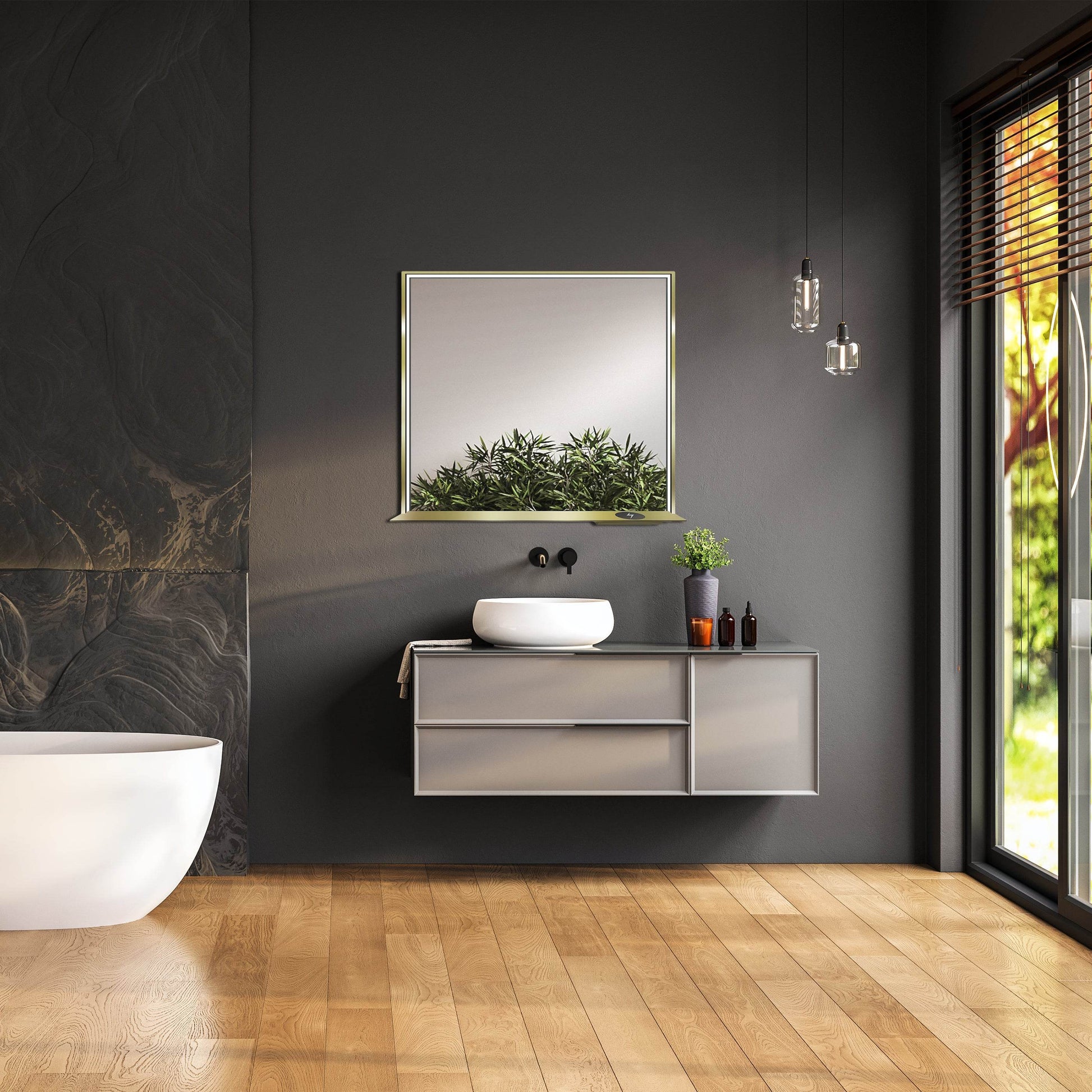 Allegra 36"W x 32"H Framed LED Mirror with Bluetooth Speaker and Wireless Cell Phone Charger - Available in 3 colors - Dreamwerks