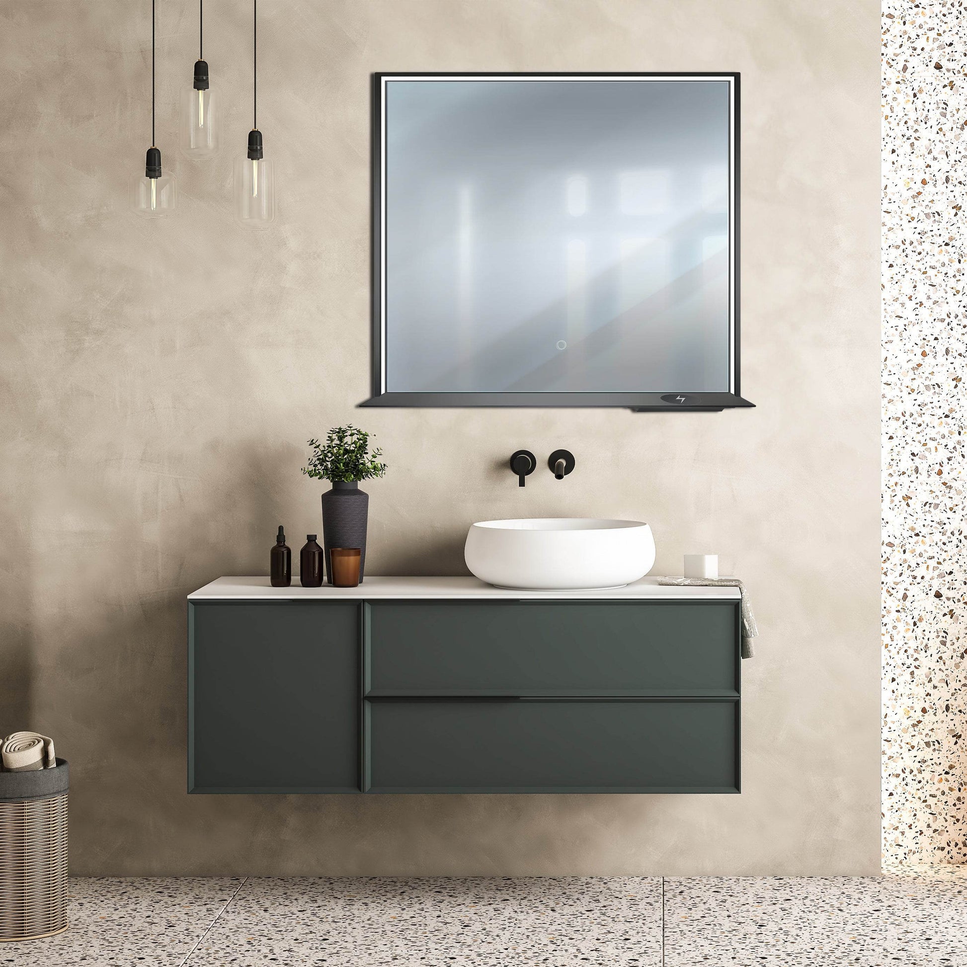 Allegra 36"W x 32"H Framed LED Mirror with Bluetooth Speaker and Wireless Cell Phone Charger - Available in 3 colors - Dreamwerks