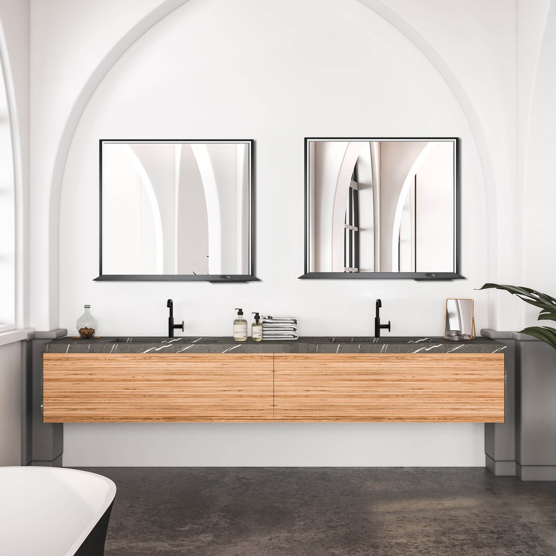 Allegra 36"W x 32"H Framed LED Mirror with Bluetooth Speaker and Wireless Cell Phone Charger - Available in 3 colors - Dreamwerks