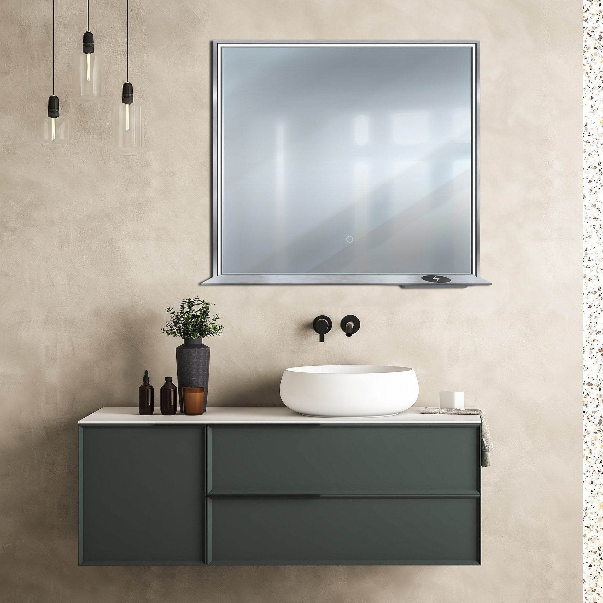 Allegra 36"W x 32"H Framed LED Mirror with Bluetooth Speaker and Wireless Cell Phone Charger - Available in 3 colors - Dreamwerks