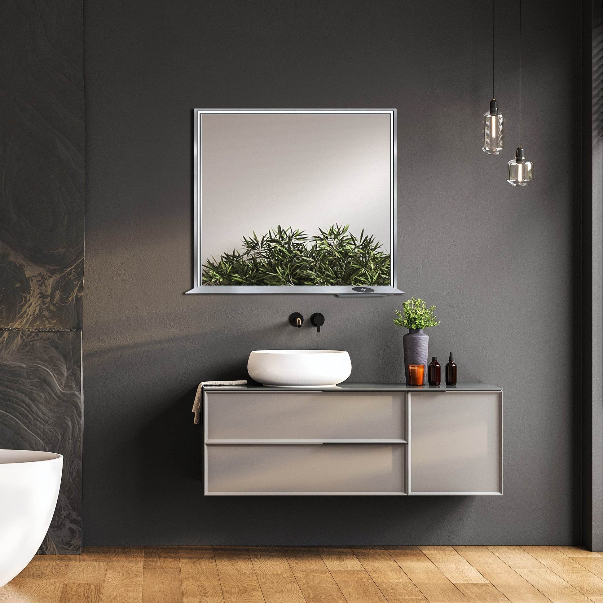 Allegra 36"W x 32"H Framed LED Mirror with Bluetooth Speaker and Wireless Cell Phone Charger - Available in 3 colors - Dreamwerks