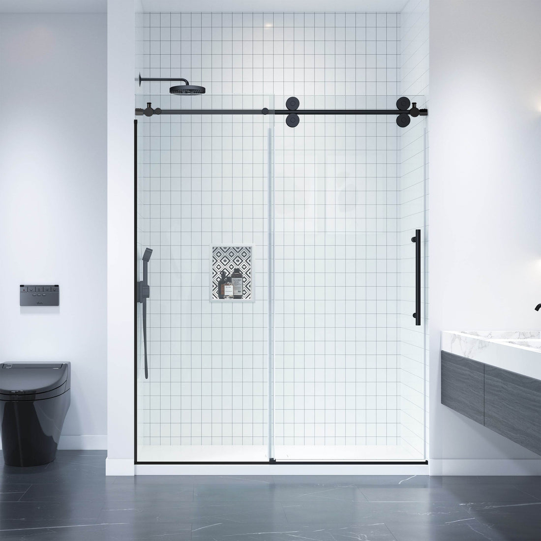 Apollo 60 in. W x 79 in. H Frameless Double Roller Shower Door in Black - Dreamwerks