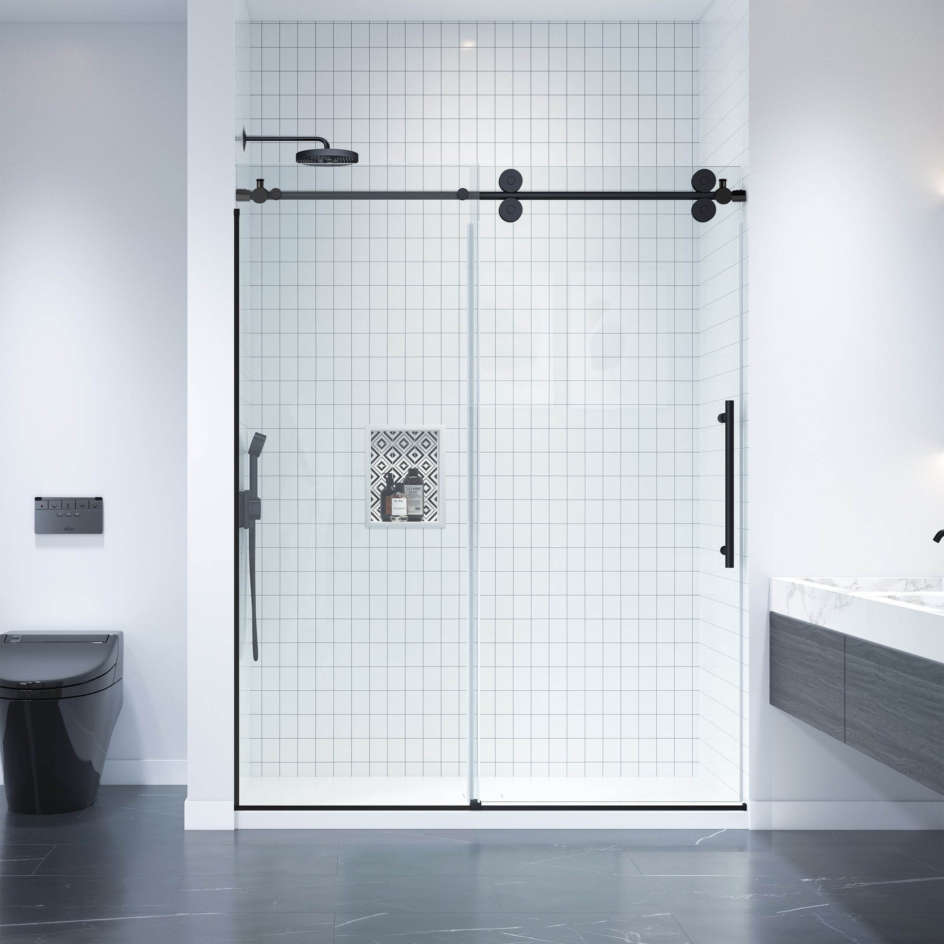 Apollo 60 in. W x 79 in. H Frameless Double Roller Shower Door in Black - Dreamwerks