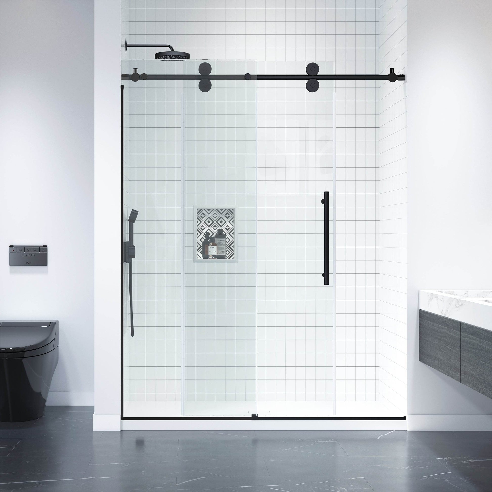 Apollo 60 in. W x 79 in. H Frameless Double Roller Shower Door in Black - Dreamwerks