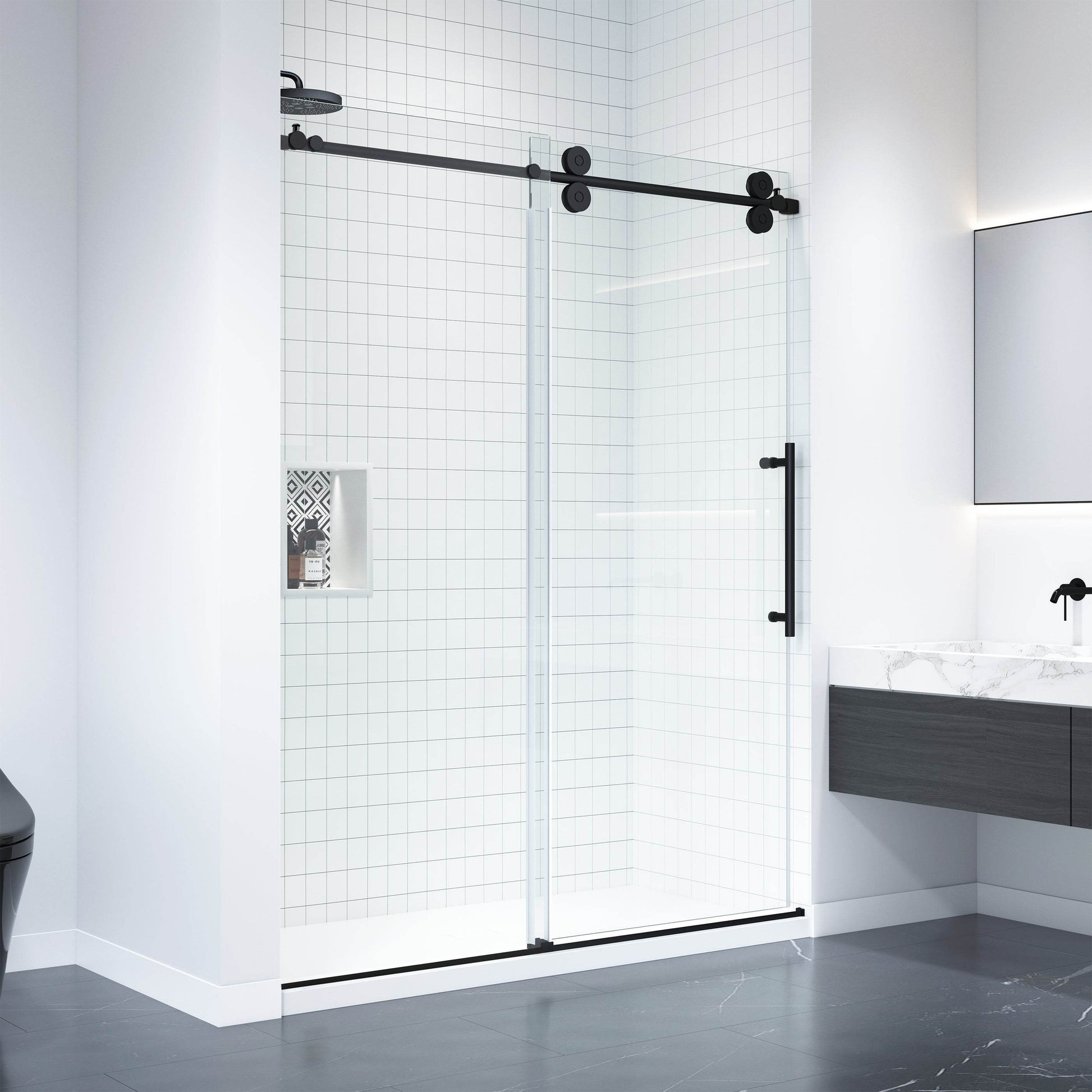Apollo 60 in. W x 79 in. H Frameless Double Roller Shower Door in Black - Dreamwerks