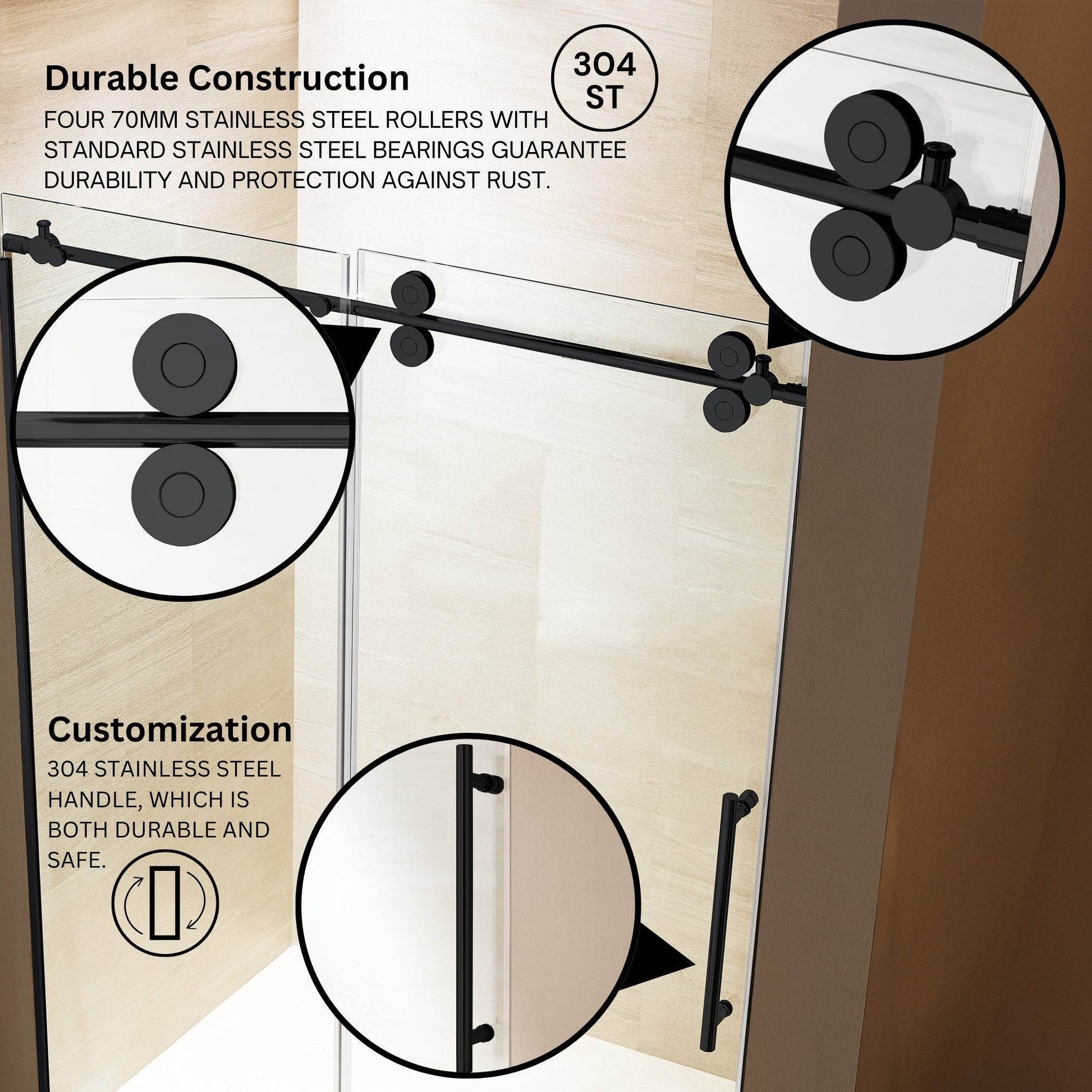 Apollo 60 in. W x 79 in. H Frameless Double Roller Shower Door in Black - Dreamwerks