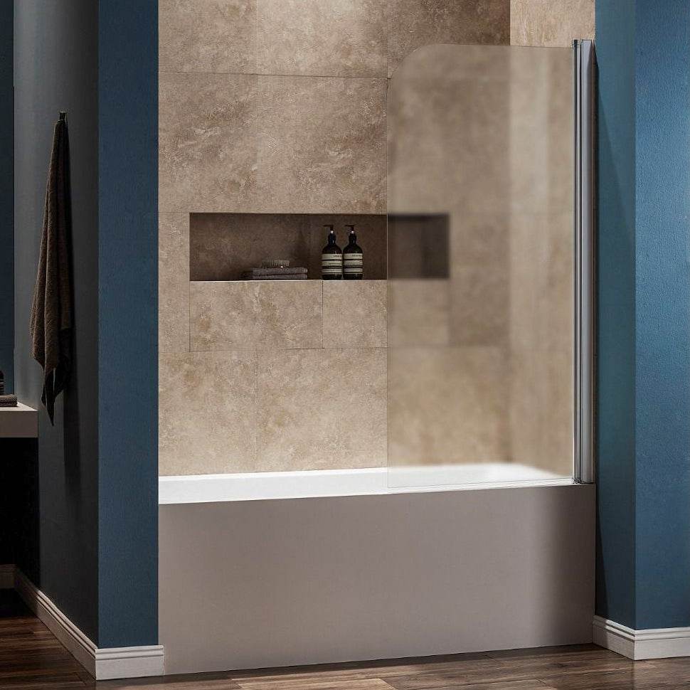 Dreamwerks 30 in. W x 59 in. H Frosted Glass Frameless Pivot Tub Door in Chrome - Dreamwerks