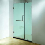 60 in. frosted glass frameless hinged shower door in chrome with handle and towel bar