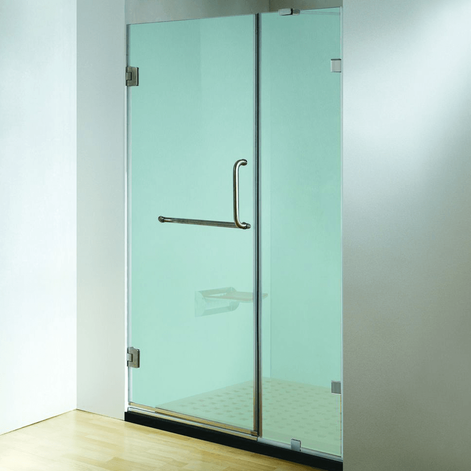 60 in. frosted glass frameless hinged shower door in chrome with handle and towel bar