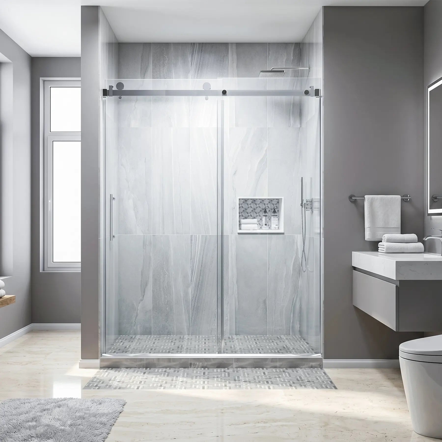 Modern bathroom with a glass shower enclosure, sink, and toilet.