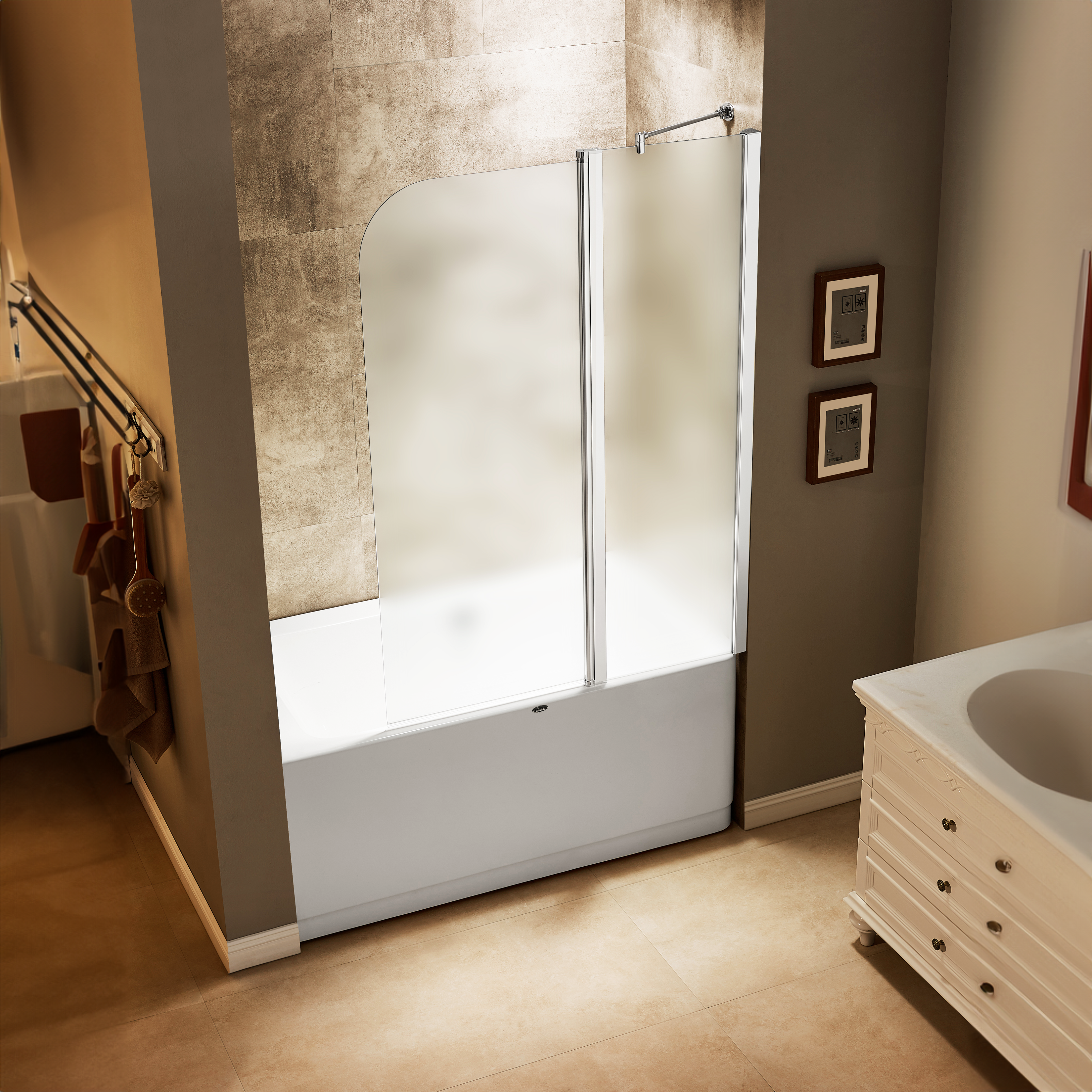 Dreamwerks 43 in. W x 59 in. H Frameless Pivot Tub Door in Chrome - Available in Clear or Frosted Glass