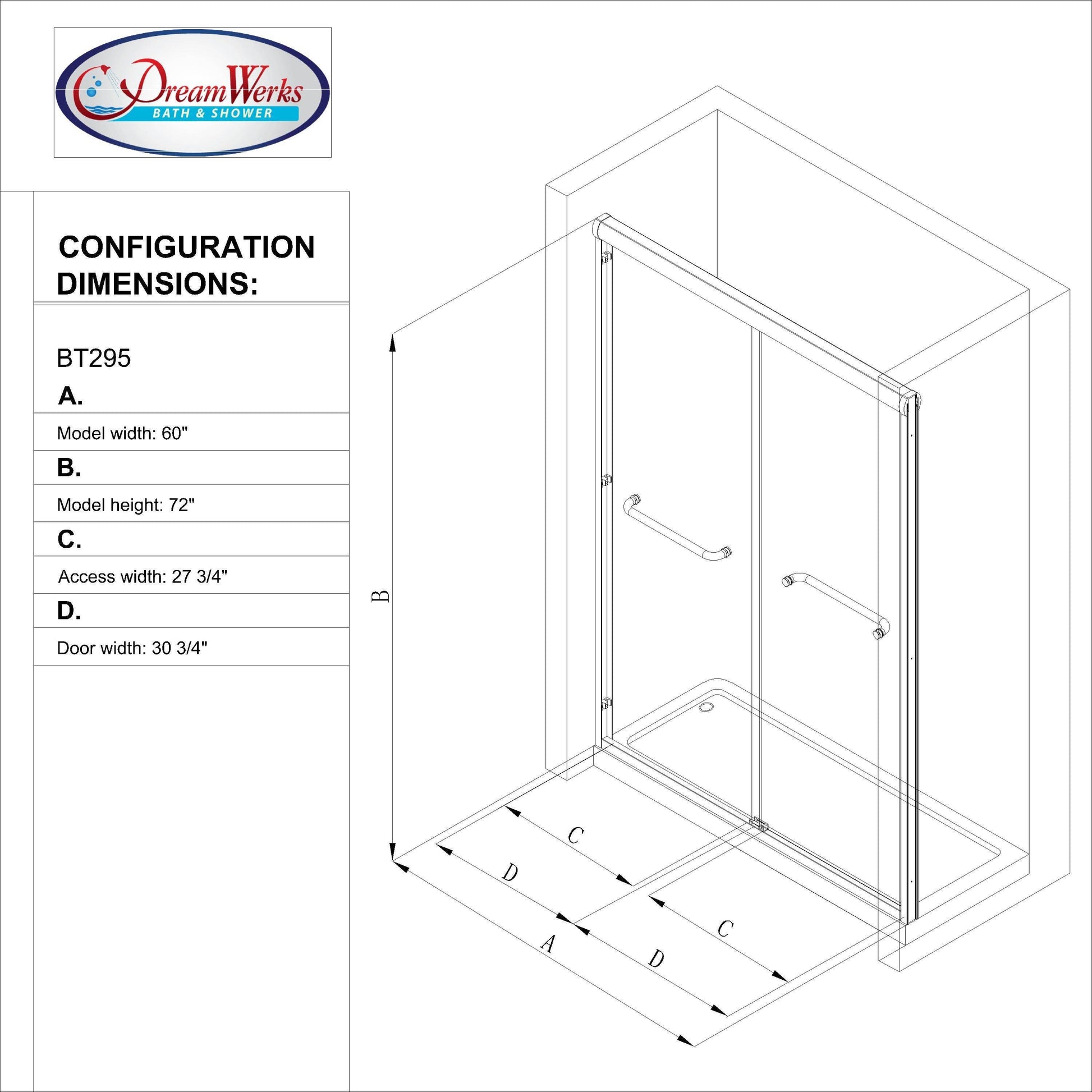 Dreamwerks Bright Chrome Sliding Shower Door - Available in 2 sizes - Dreamwerks