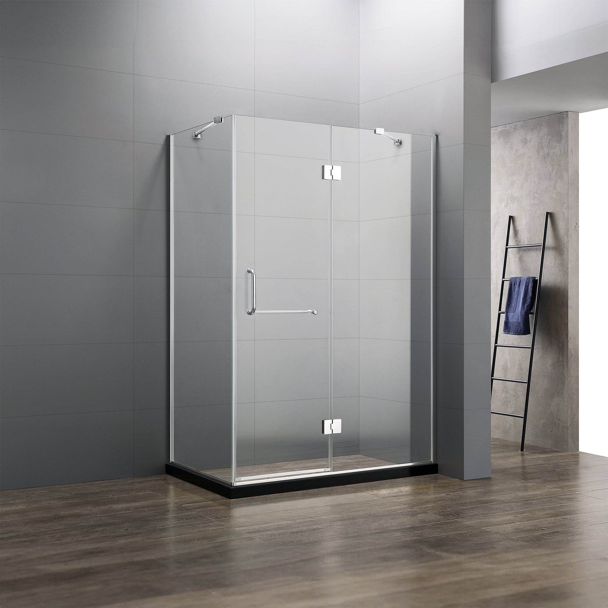 47 in. frameless 3-piece corner pivot shower enclosure with chrome hardware – modern bathroom fixture