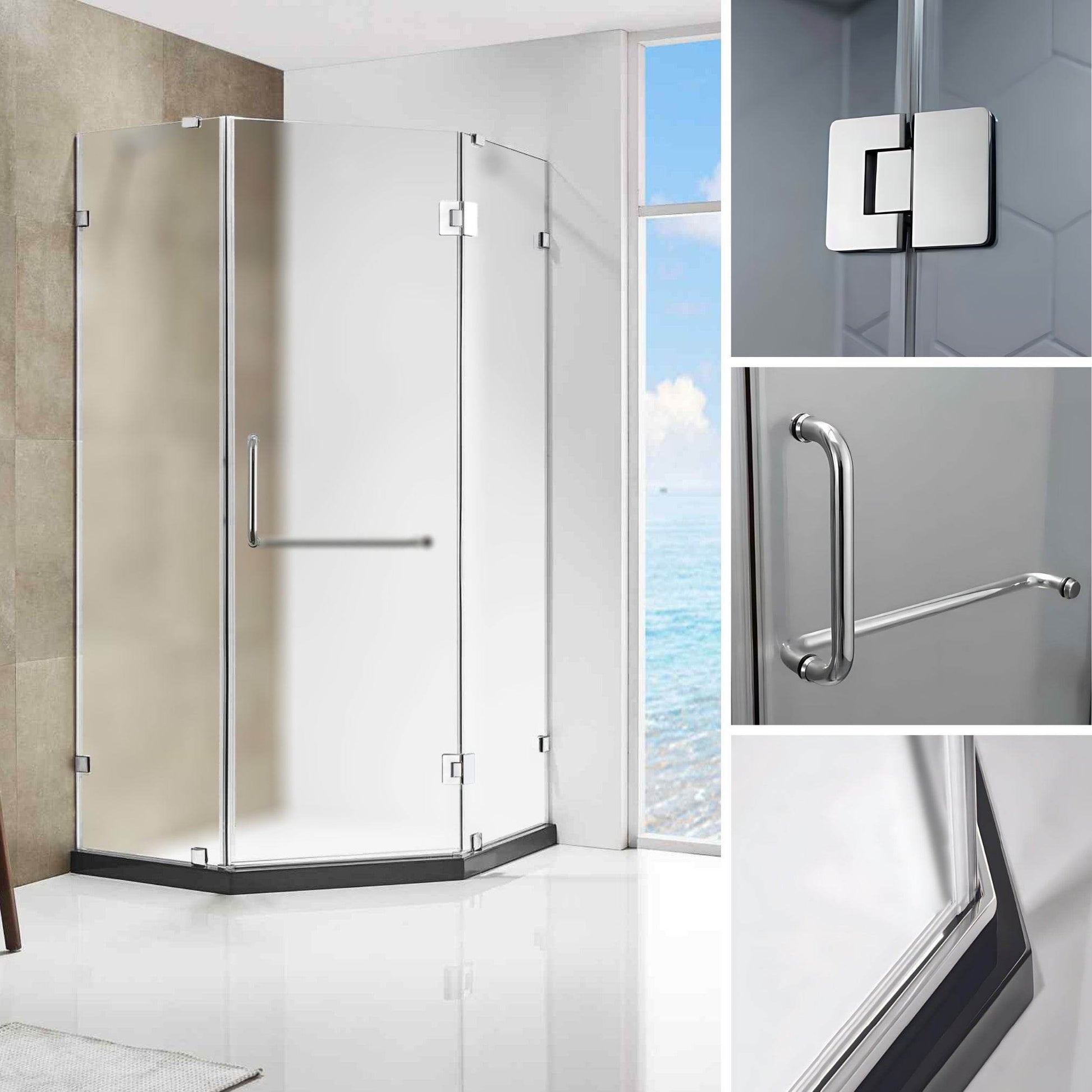 Dreamwerks 36 in. W x 79 in. H Frameless Neo-Angle Hinged Shower Door (Right) in Chrome with Handle - Frosted Glass - Dreamwerks