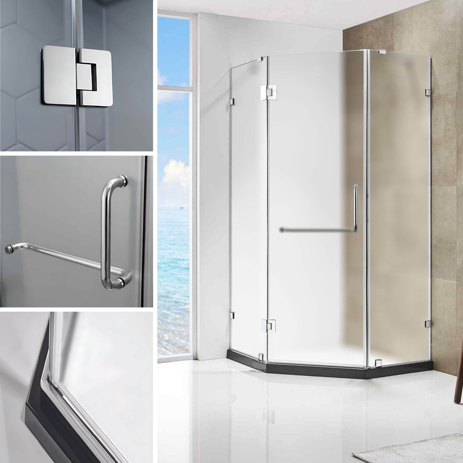 Dreamwerks 36 in. W x 79 in. H Frameless Neo-Angle Hinged Shower Door (Right) in Chrome with Handle - Frosted Glass - Dreamwerks