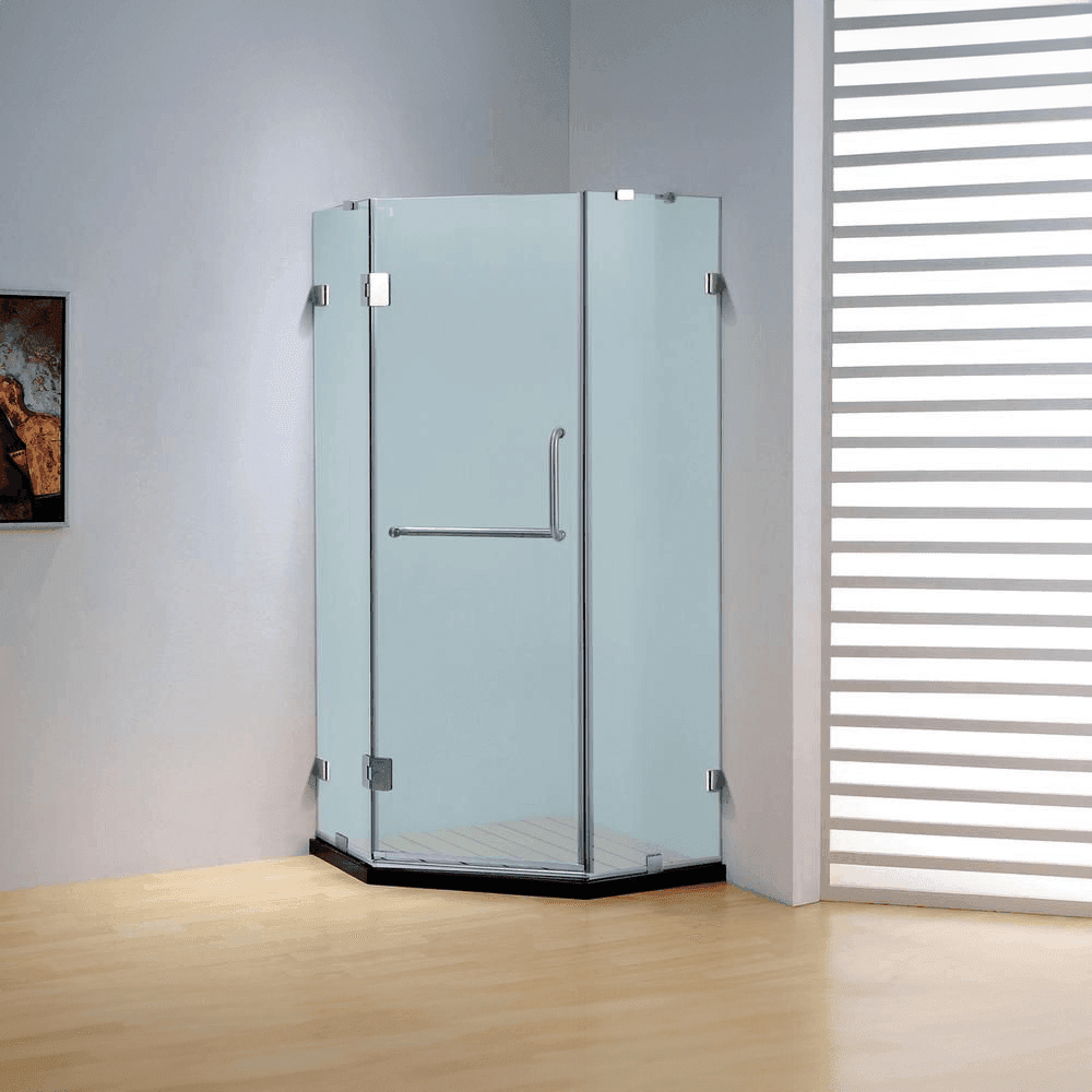 Dreamwerks 36 in. W x 79 in. H Frameless Neo-Angle Hinged Shower Door (Left) in Chrome with Handle - Frosted Glass - Dreamwerks