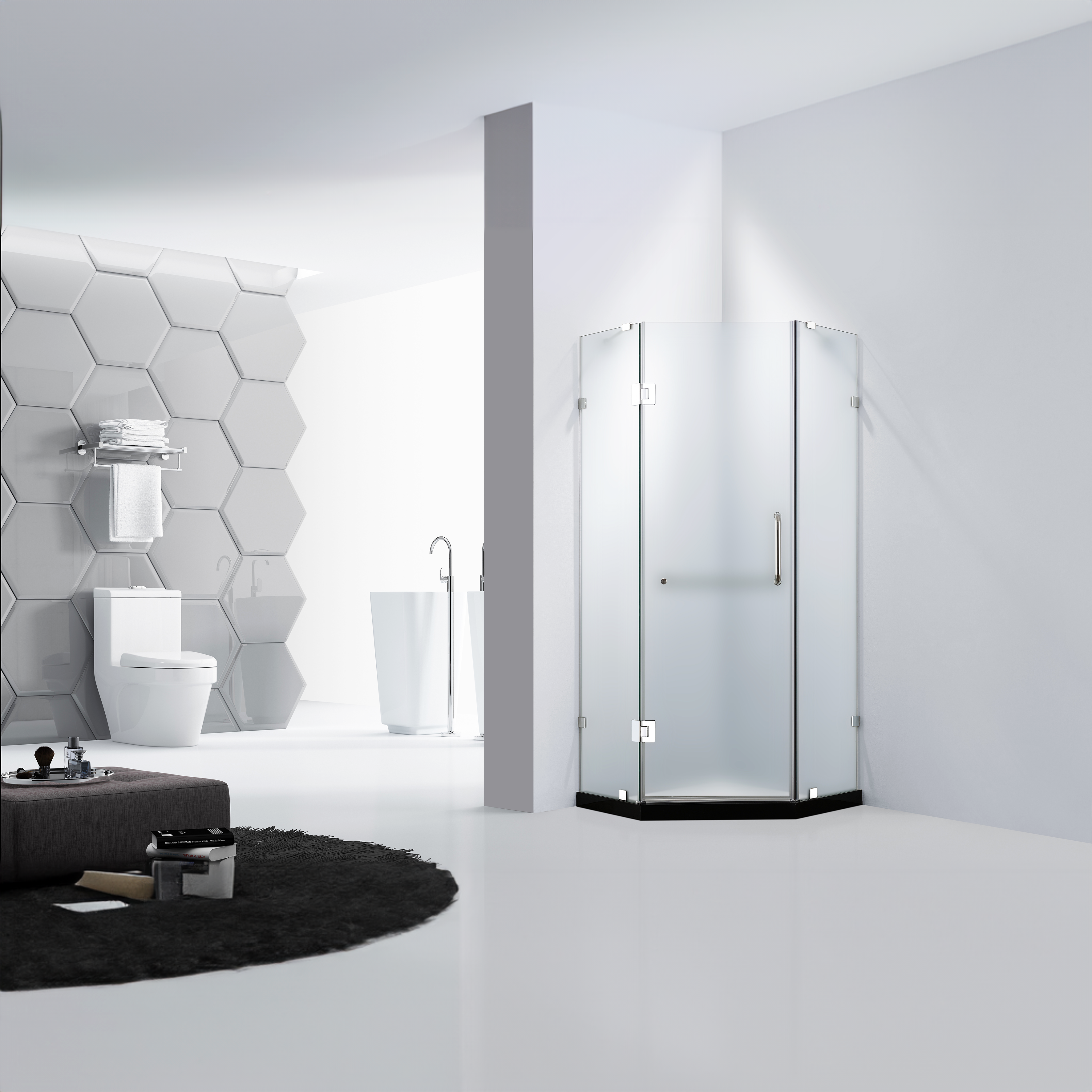 Dreamwerks 36 in. W x 79 in. H Frameless Neo-Angle Hinged Shower Door (Left) in Chrome with Handle - Frosted Glass