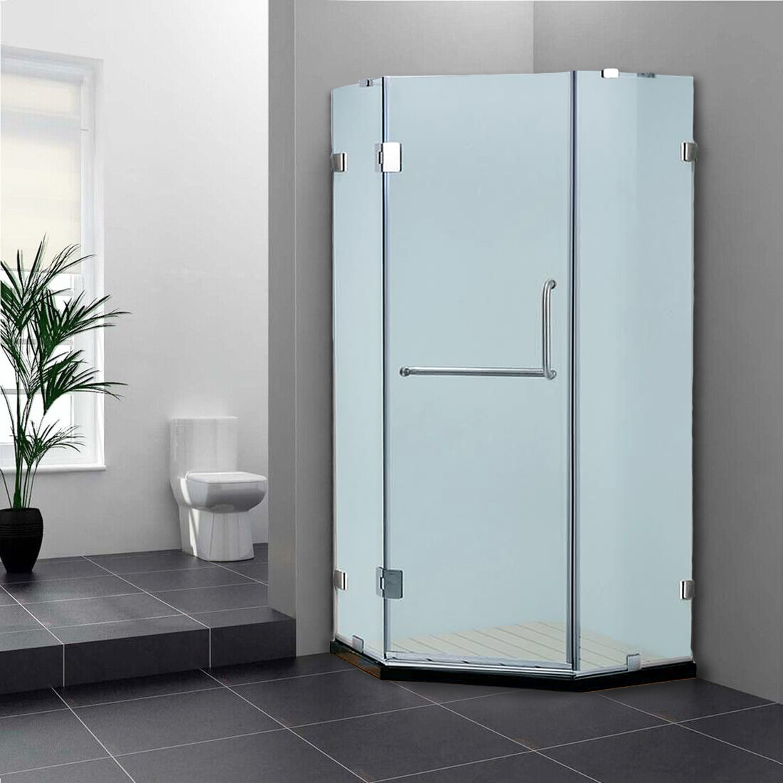 Dreamwerks 36 in. W x 79 in. H Frameless Neo-Angle Hinged Shower Door (Left) in Chrome with Handle - Frosted Glass - Dreamwerks