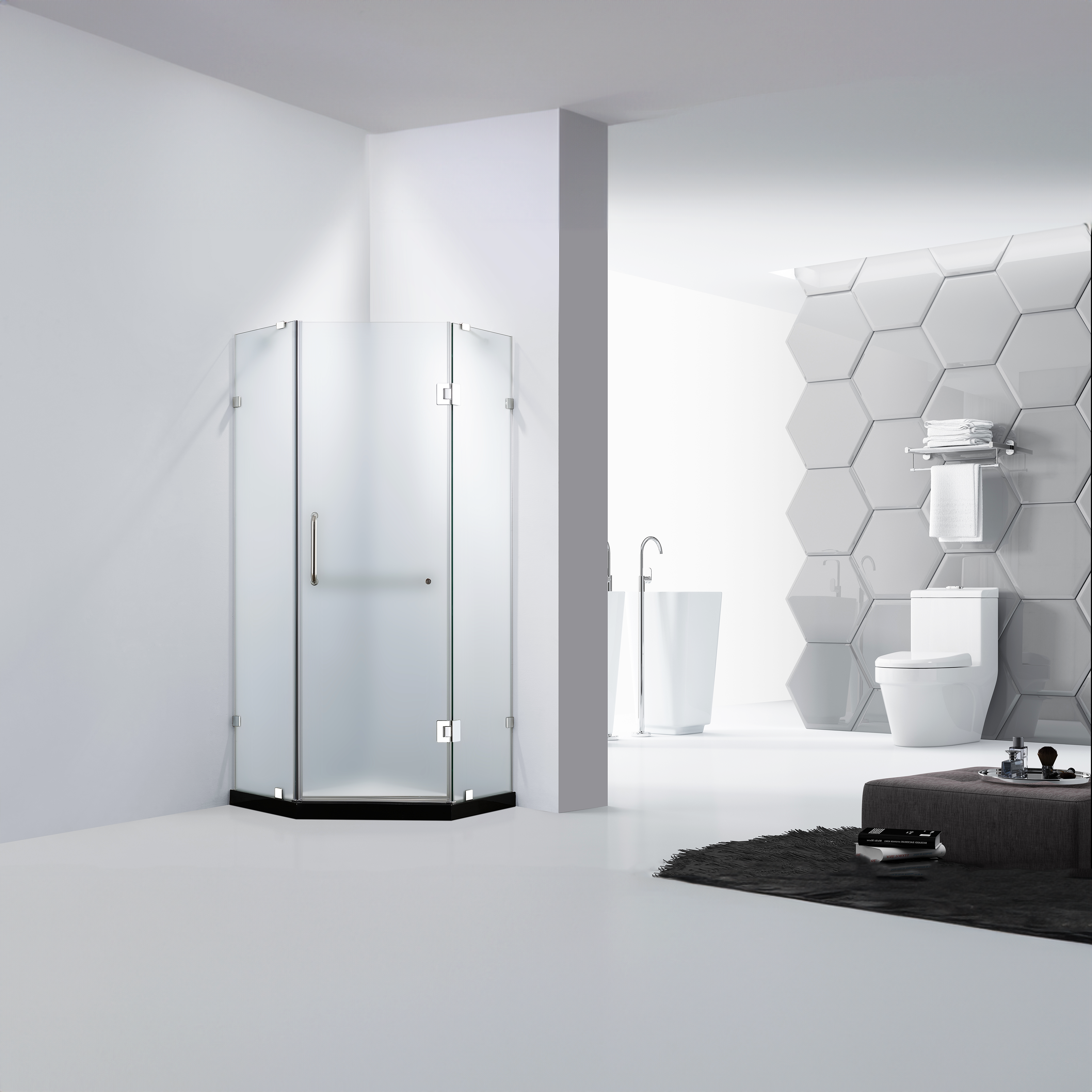 Dreamwerks 36 in. W x 79 in. H Frameless Neo-Angle Hinged Shower Door (Right) in Chrome with Handle - Frosted Glass