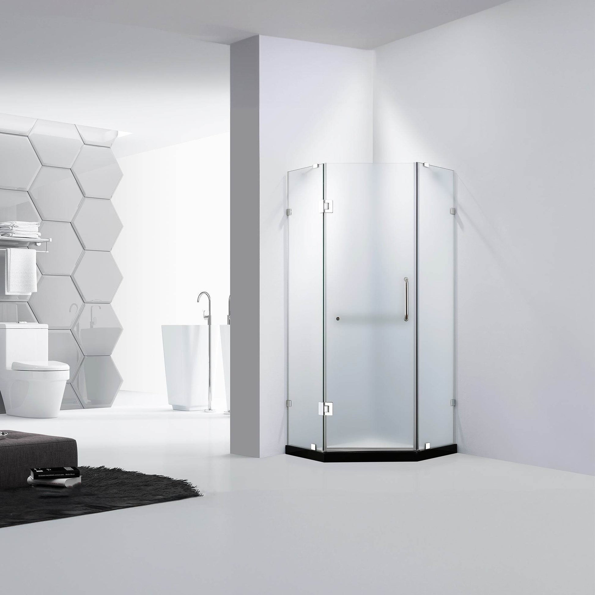 Dreamwerks 36 in. W x 79 in. H Frameless Neo-Angle Hinged Shower Door (Right) in Chrome with Handle - Frosted Glass - Dreamwerks