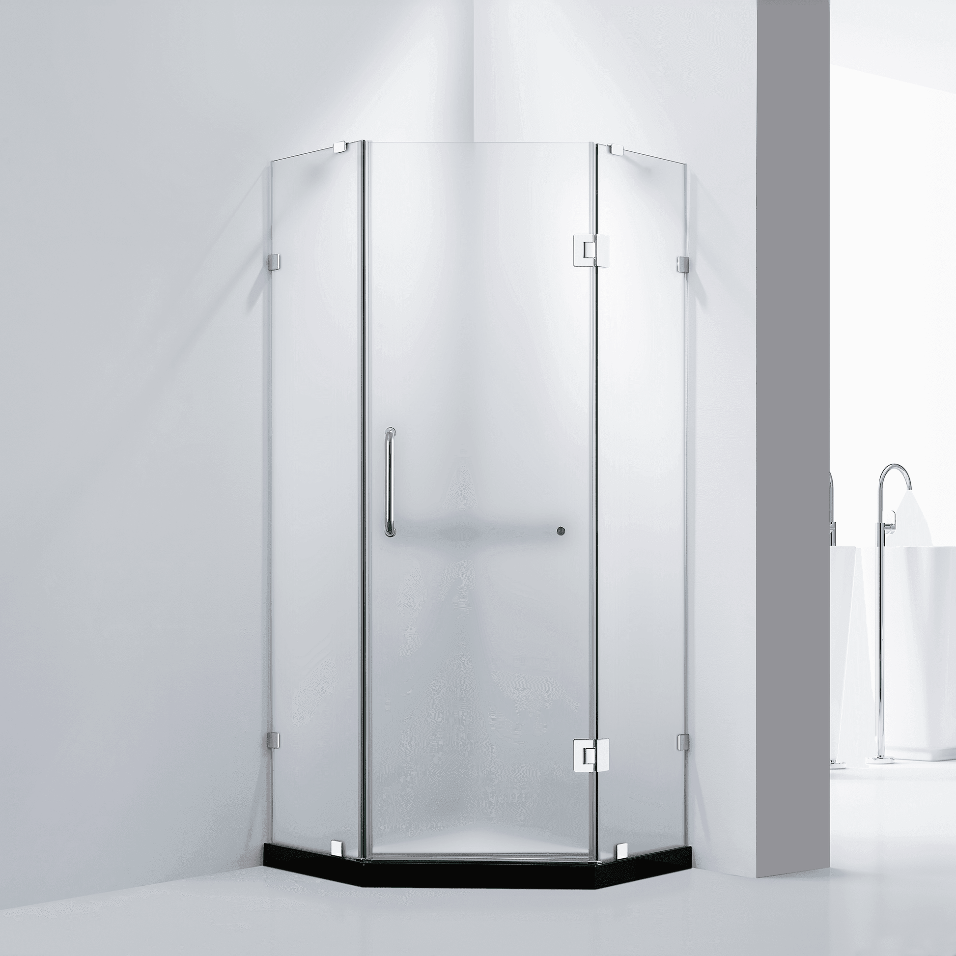 Dreamwerks 36 in. W x 79 in. H Frameless Neo-Angle Hinged Shower Door (Right) in Chrome with Handle - Frosted Glass - Dreamwerks