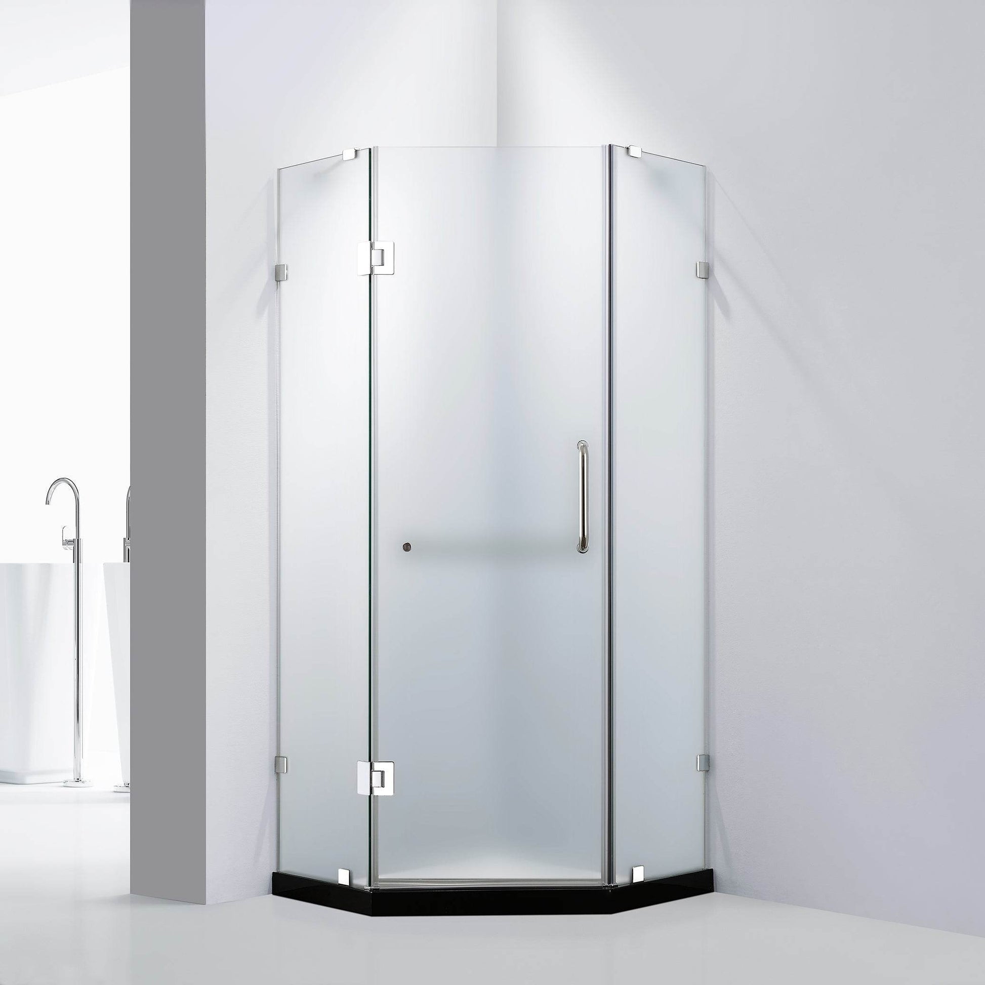 Dreamwerks 36 in. W x 79 in. H Frameless Neo-Angle Hinged Shower Door (Right) in Chrome with Handle - Frosted Glass - Dreamwerks