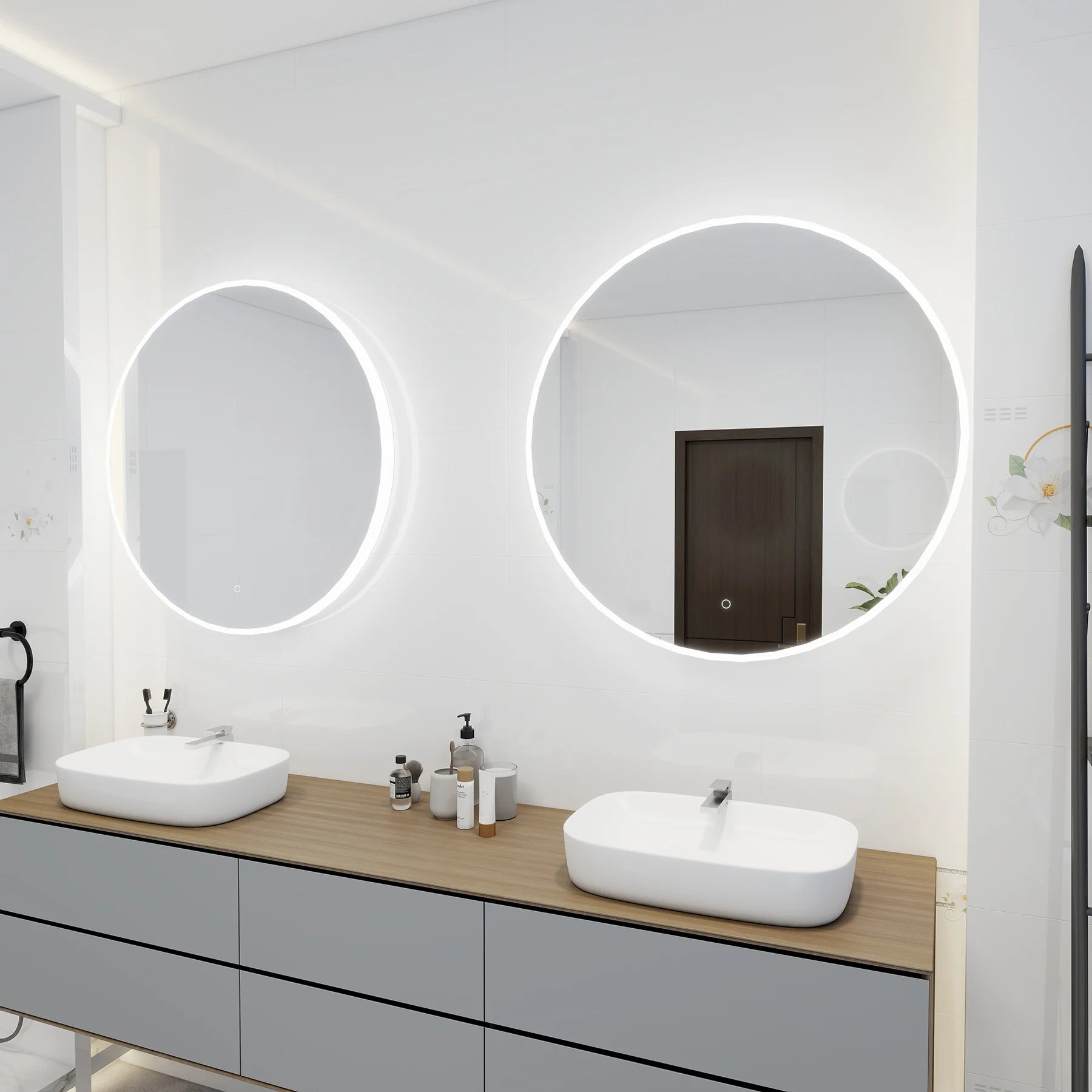 Round Onyx 36 inch led mirror on a white wall reflecting a room with a patterned floor.