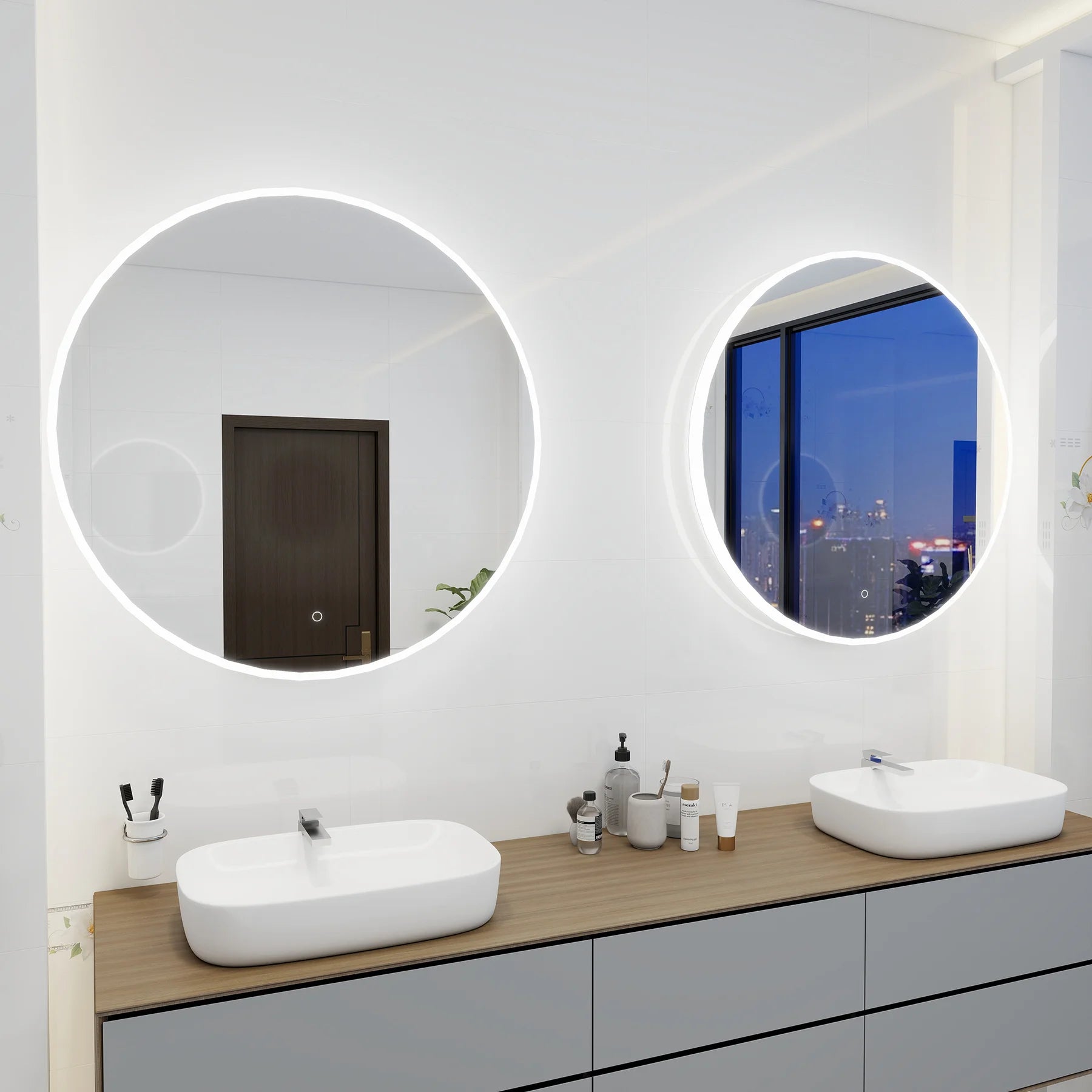 Round Onyx 36 inch led mirror on a white wall reflecting a room with a patterned floor.